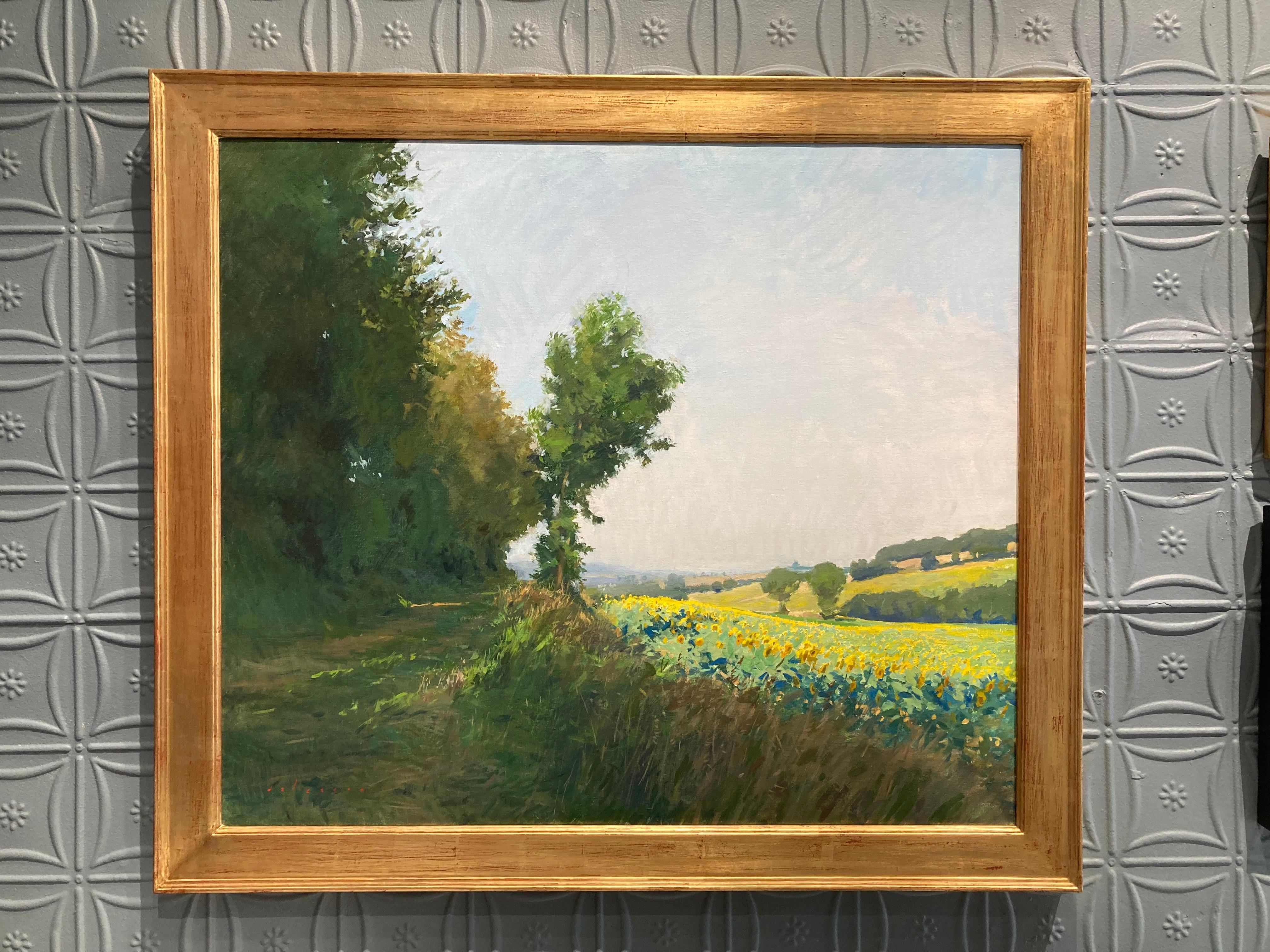 « Tournesols près de Jegun », peinture à l'huile de champ en France, vert, jaune - Painting de Marc Dalessio