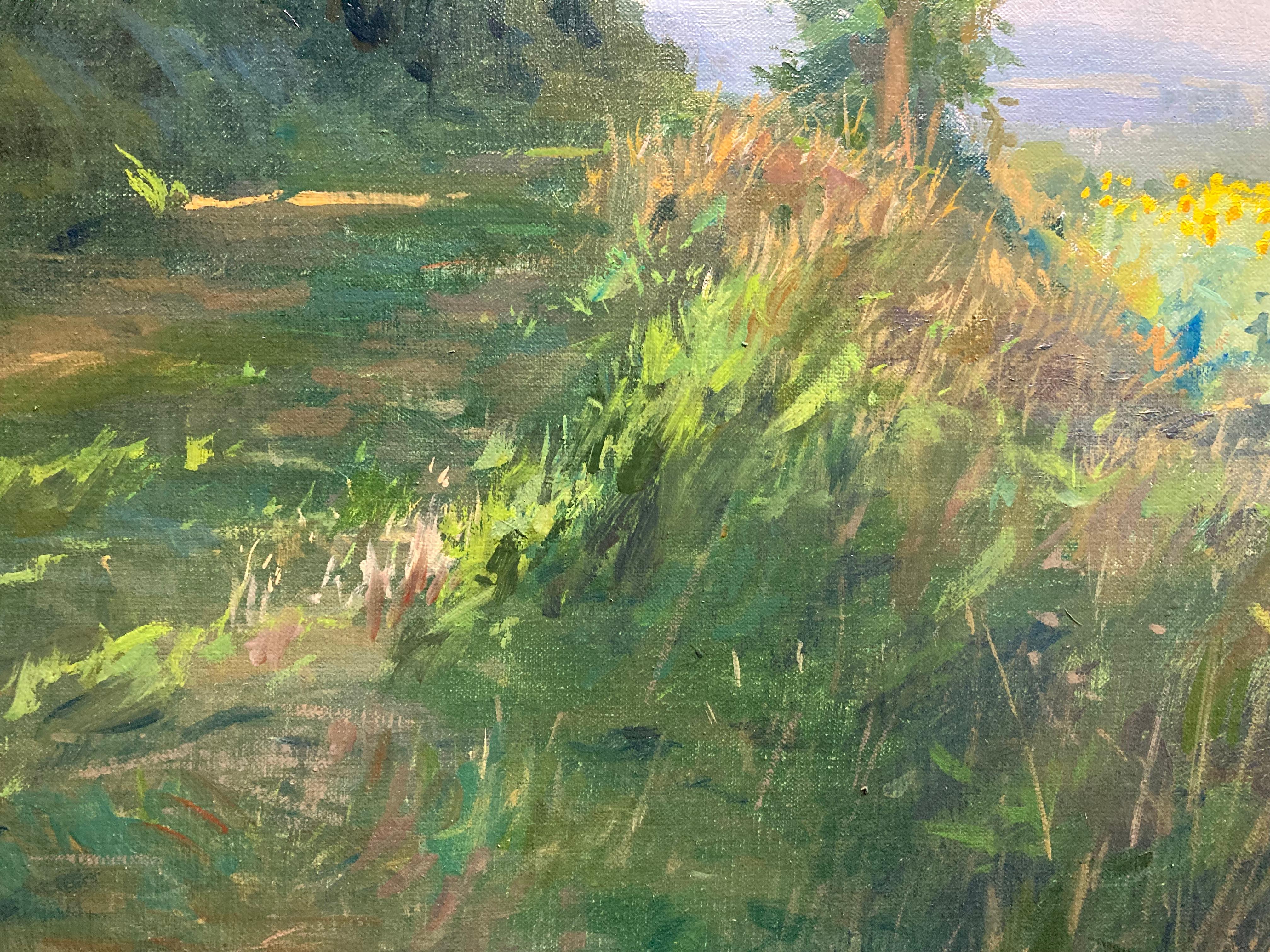 « Tournesols près de Jegun », peinture à l'huile de champ en France, vert, jaune 1