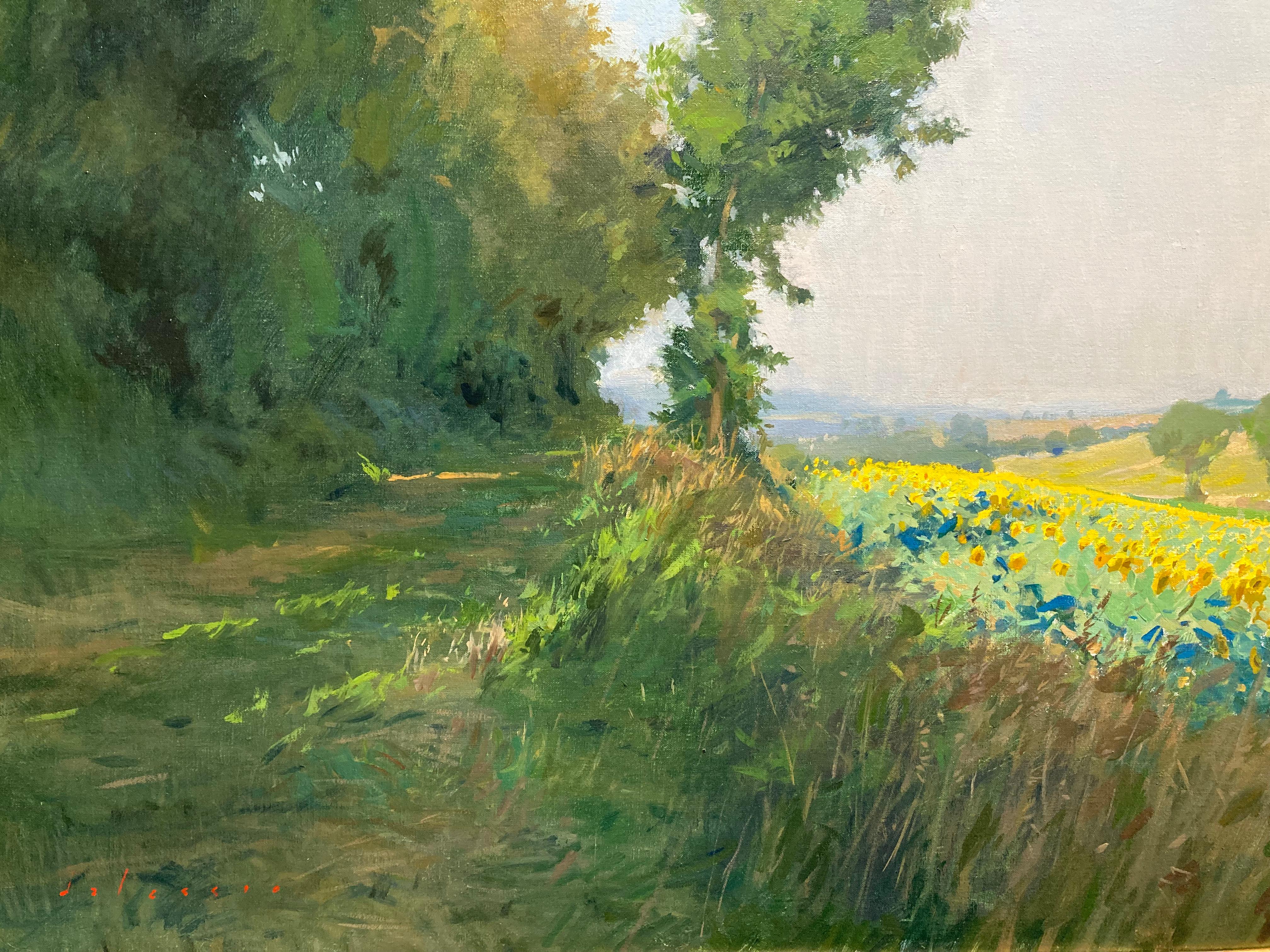 « Tournesols près de Jegun », peinture à l'huile de champ en France, vert, jaune 4