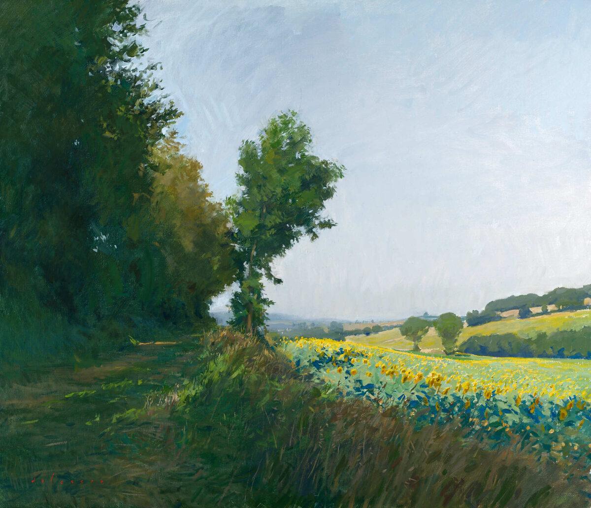 Marc Dalessio Landscape Painting – "Sonnenblumen bei Jegun" Pleinair-Ölgemälde eines Feldes in Frankreich, grün, gelb