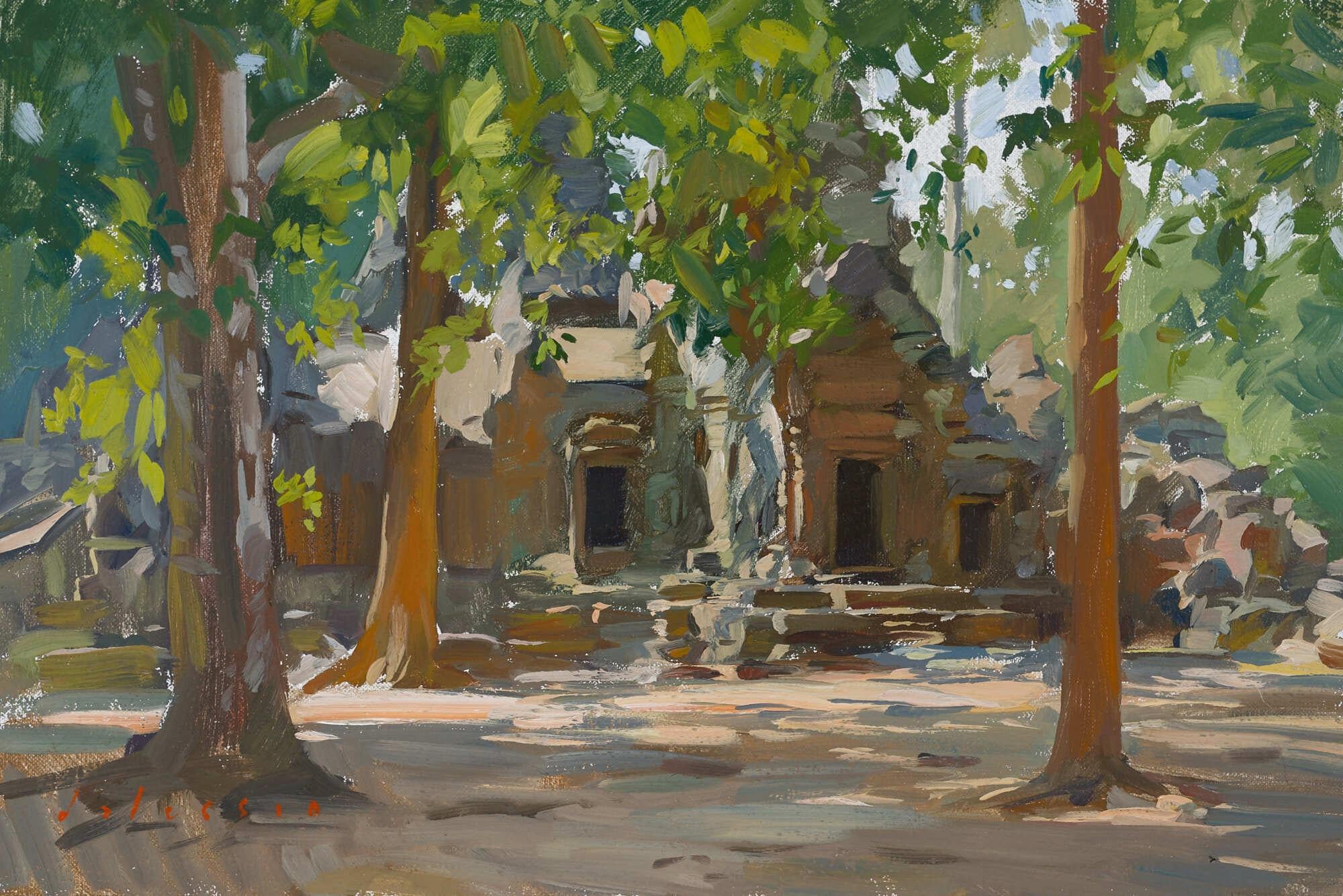 Marc Dalessio Landscape Painting - "Ta Som, Angor Wat" plein air painting of Buddhist Temple, Cambodia, earth tones