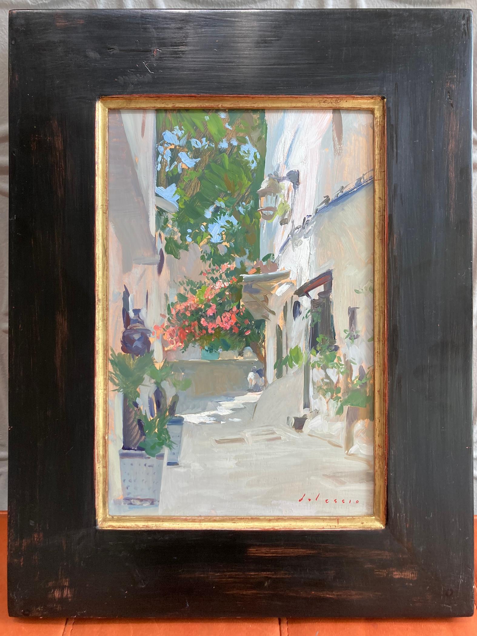 « Tangiers », scène lumineuse d'une rue calme et colorée peinte en plein air  - Painting de Marc Dalessio