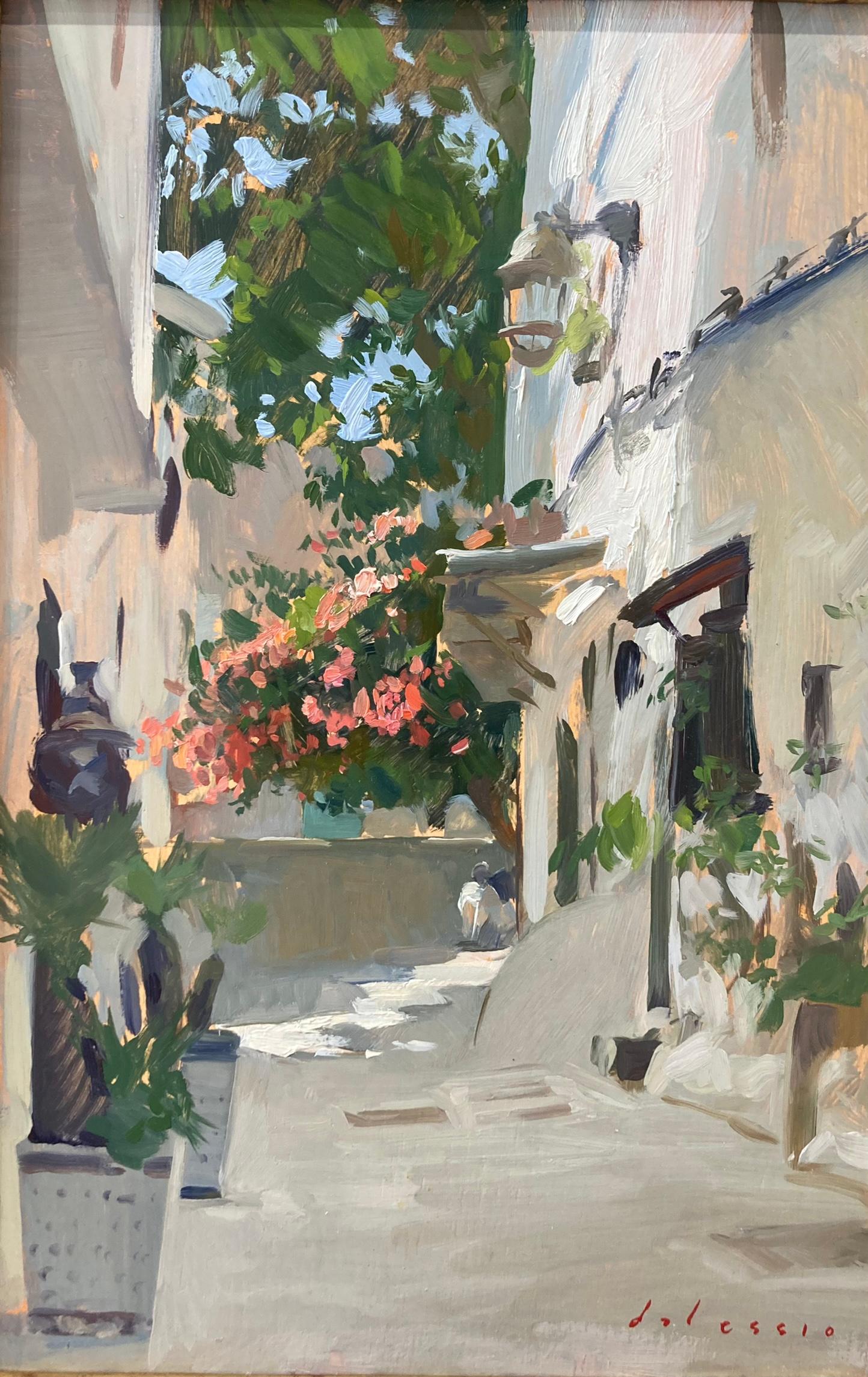 Still-Life Painting Marc Dalessio - « Tangiers », scène lumineuse d'une rue calme et colorée peinte en plein air 