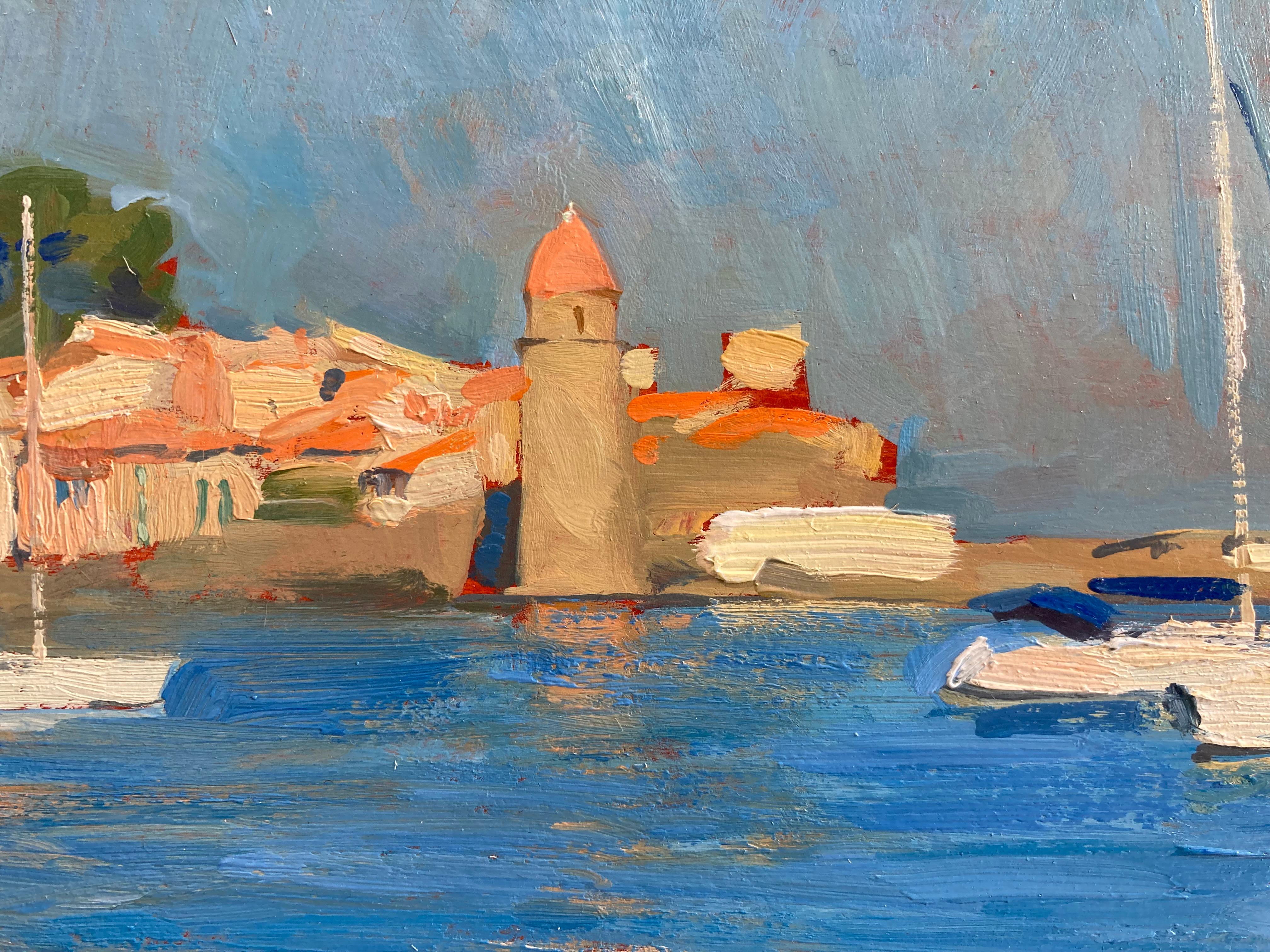 « La baie de Collioure », peinture à l'huile en plein air brillante d'un village du sud de la France en vente 6