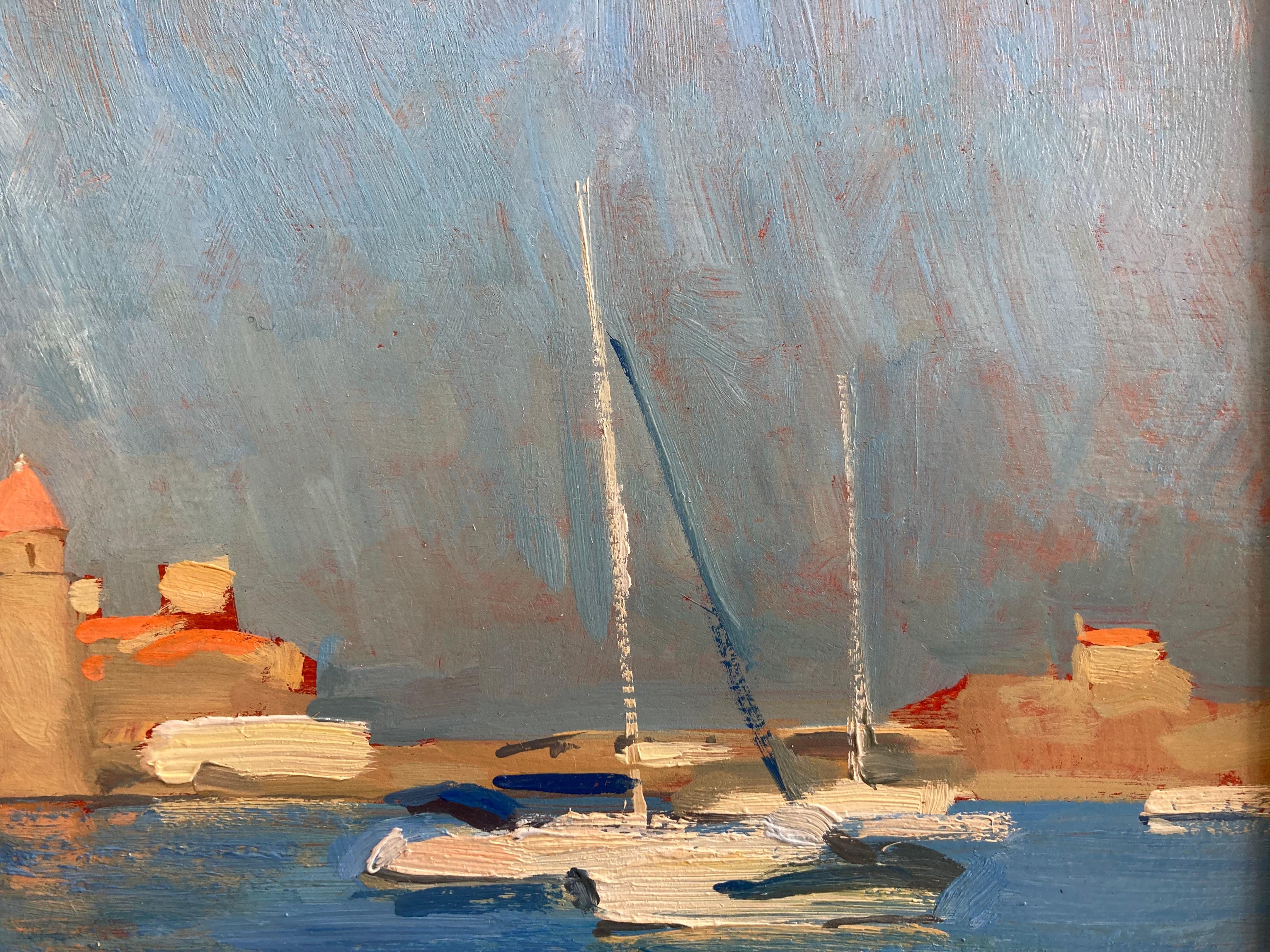 « La baie de Collioure », peinture à l'huile en plein air brillante d'un village du sud de la France en vente 7