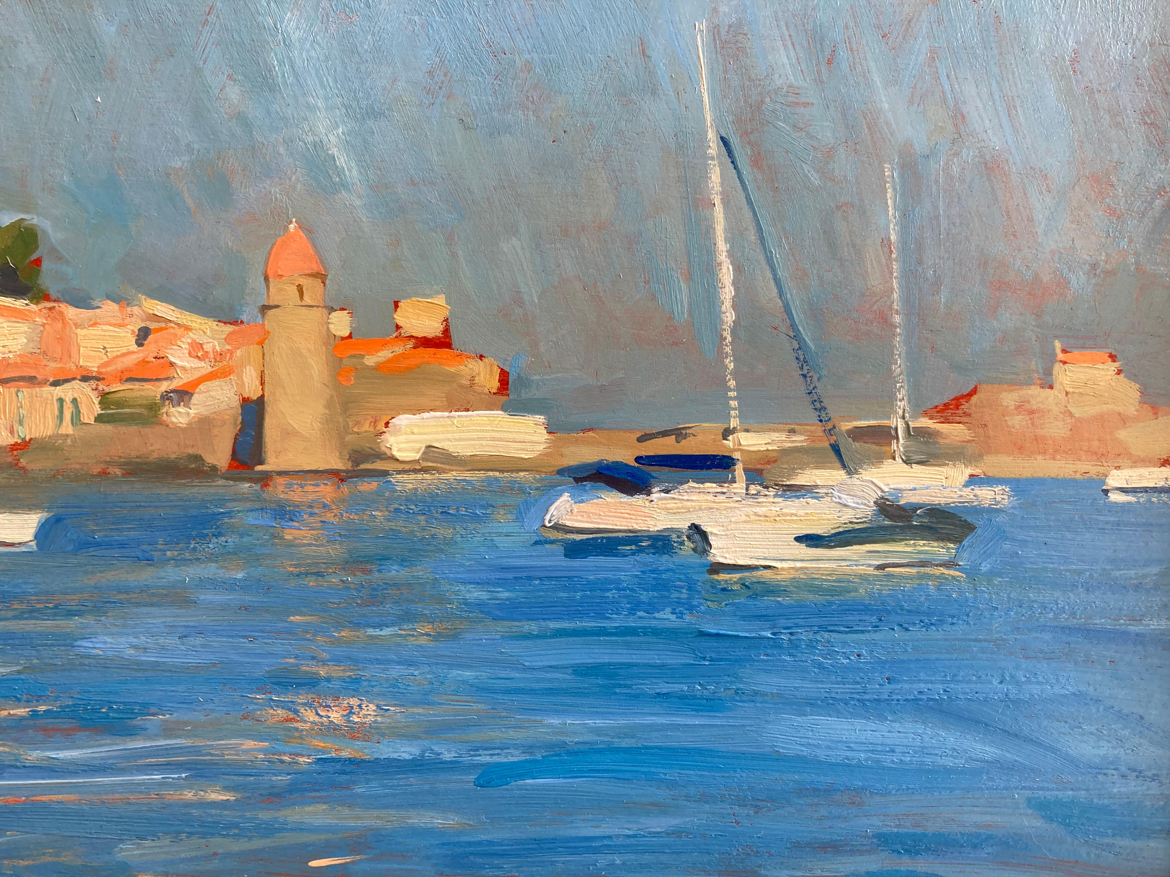 « La baie de Collioure », peinture à l'huile en plein air brillante d'un village du sud de la France en vente 8