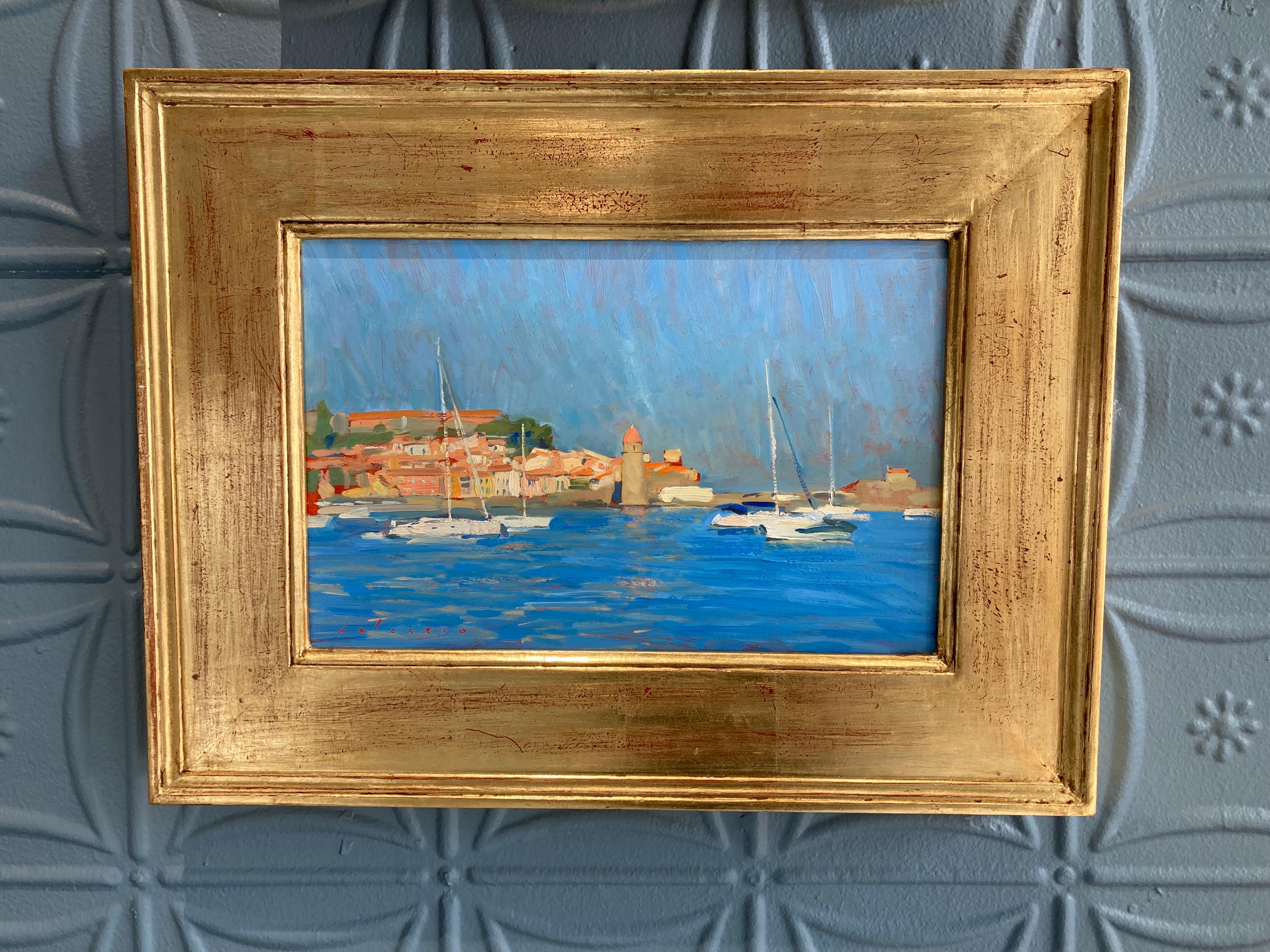 « La baie de Collioure », peinture à l'huile en plein air brillante d'un village du sud de la France - Painting de Marc Dalessio