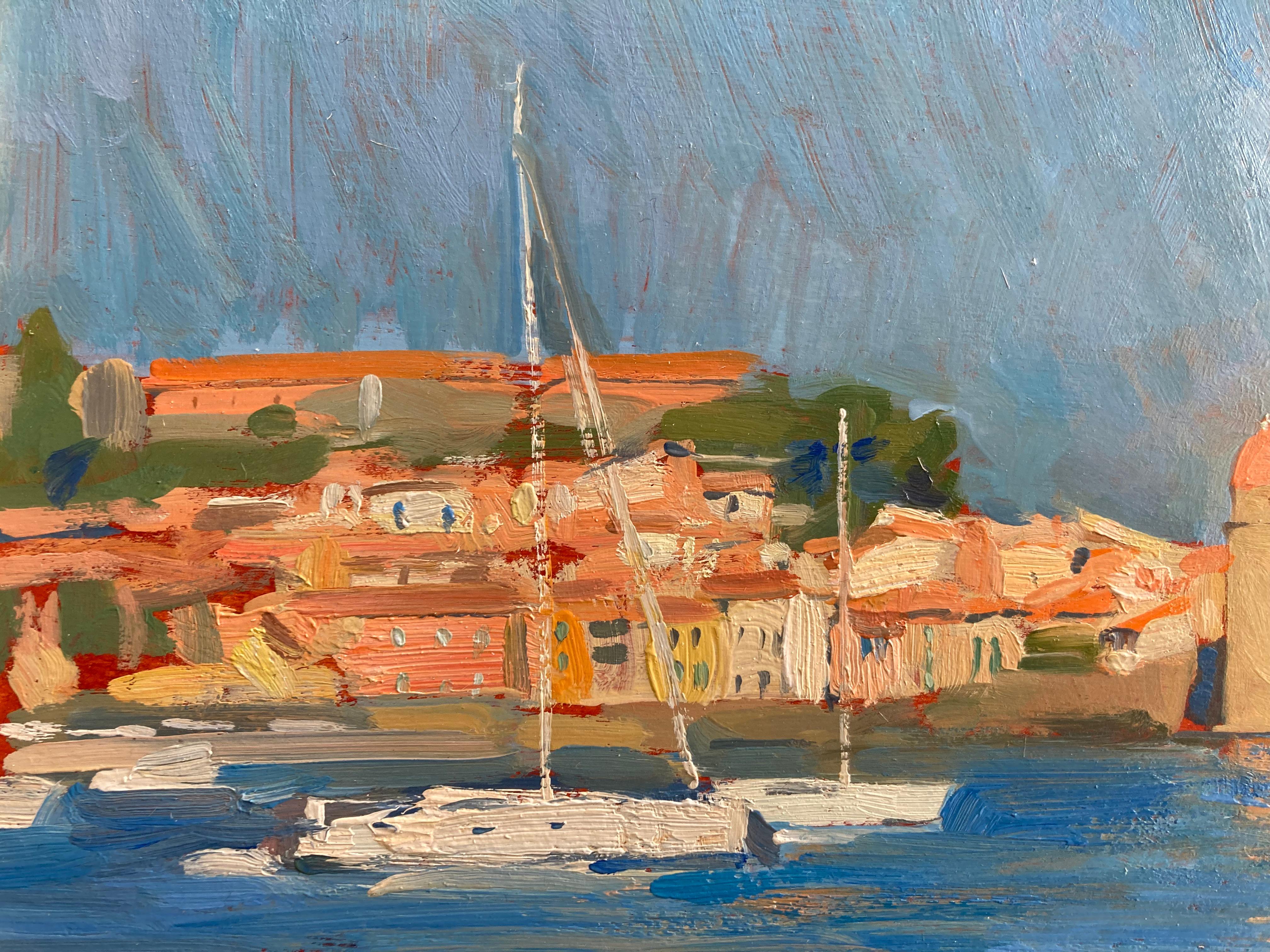 « La baie de Collioure », peinture à l'huile en plein air brillante d'un village du sud de la France en vente 3