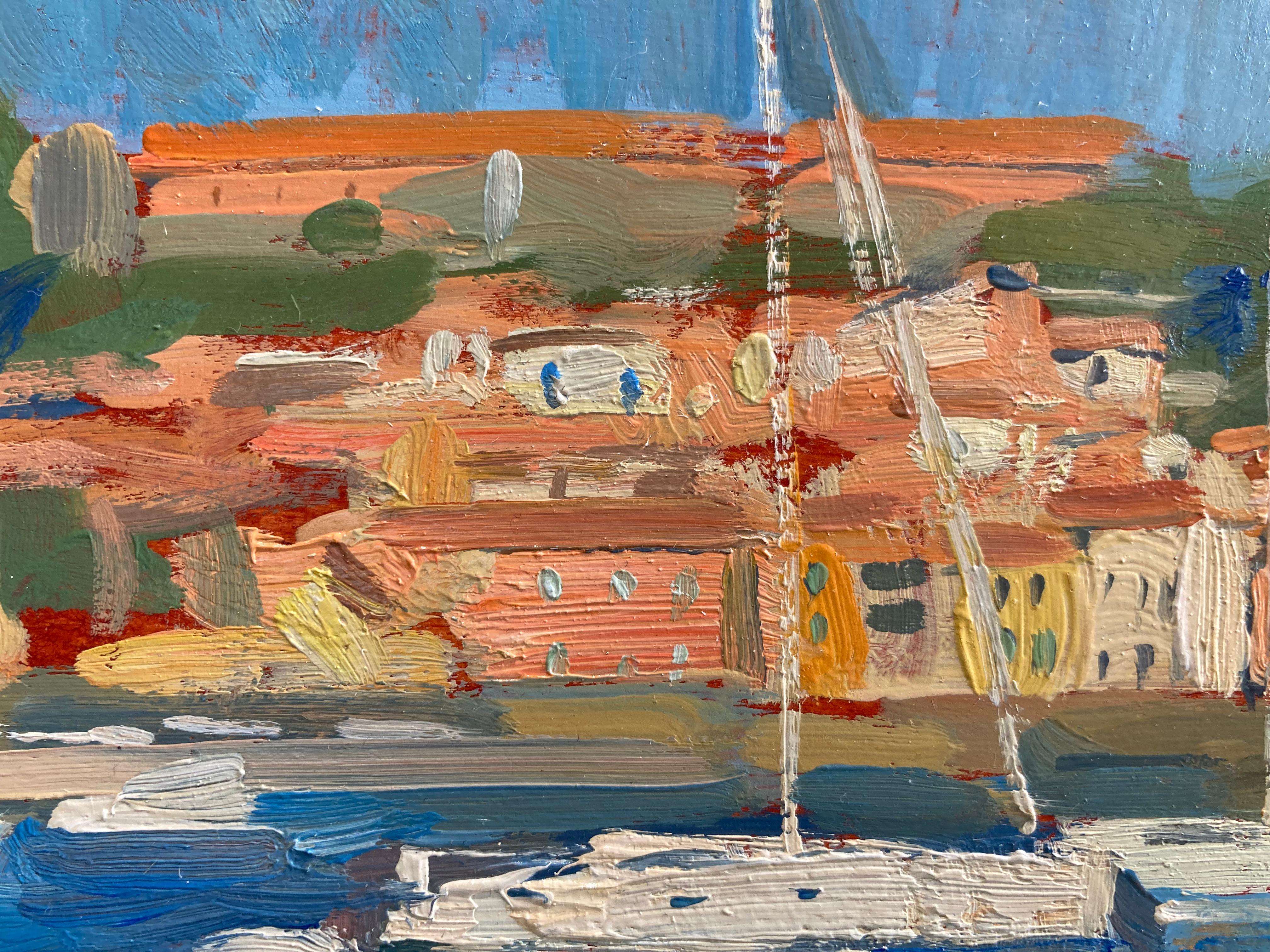« La baie de Collioure », peinture à l'huile en plein air brillante d'un village du sud de la France en vente 4
