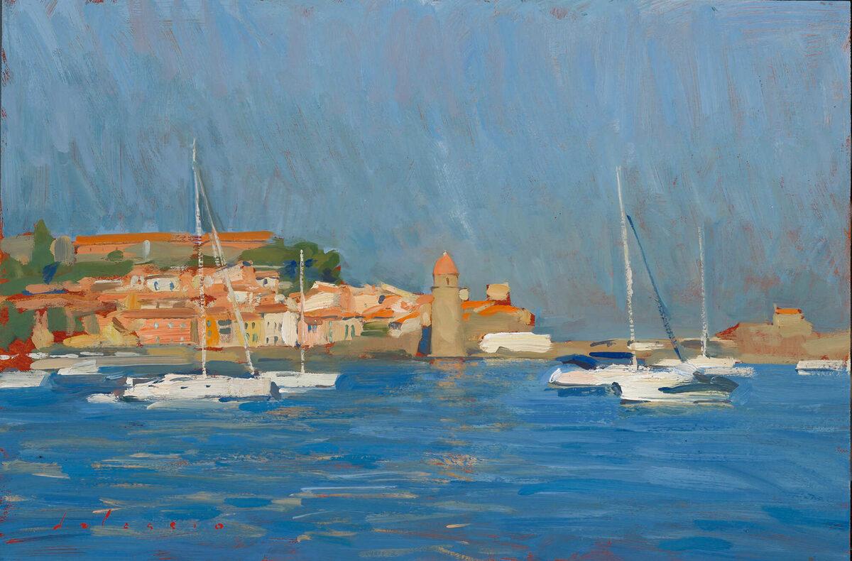 Marc Dalessio Landscape Painting - "The Bay at Collioure" bright plein air oil painting of South of France village