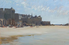 "The Beach at Saint-Malo" oil painting at historic French Port, blue sky and sea