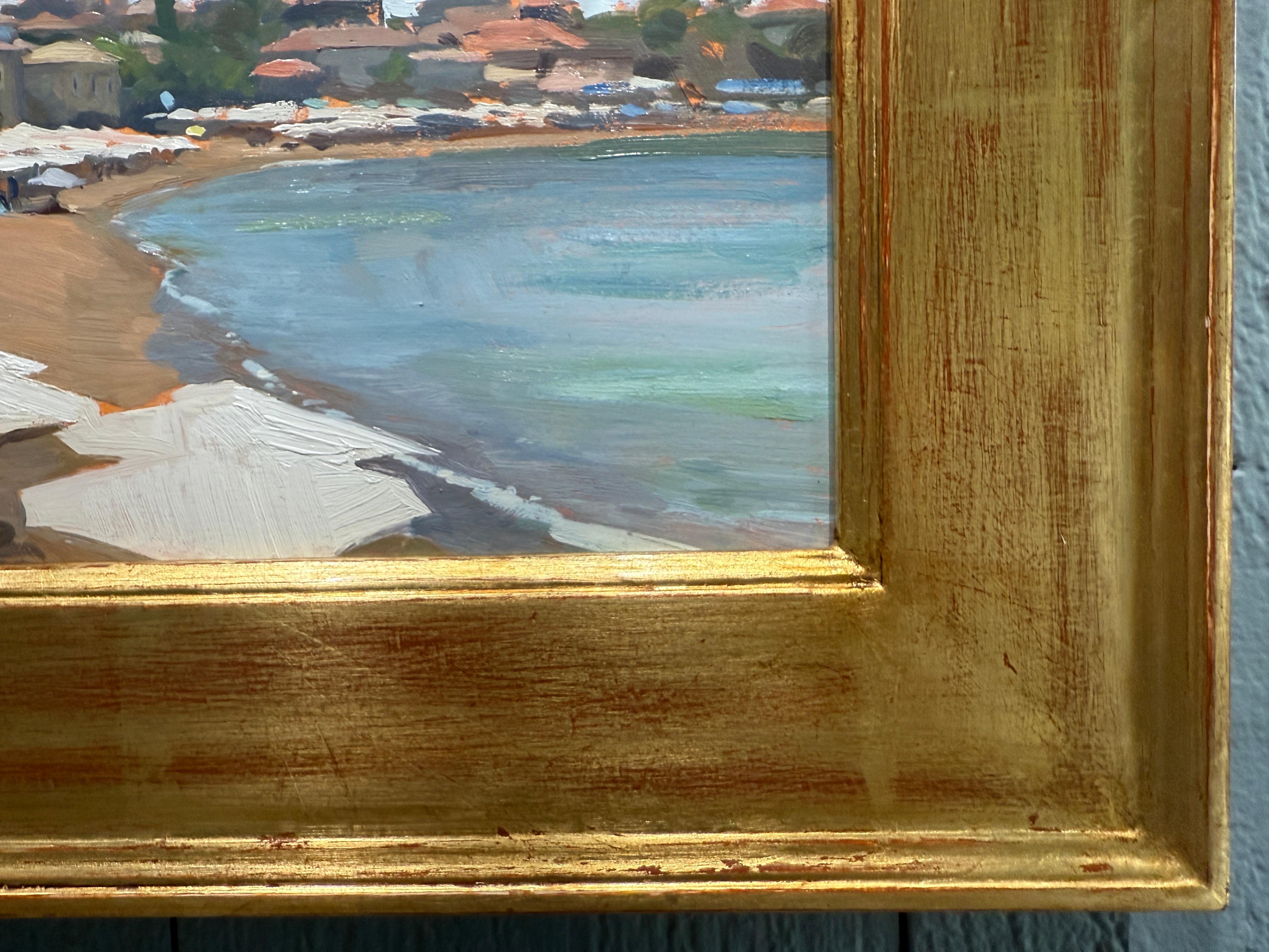 « La plage de Stoupa », peinture à l'huile, parapluies blanches en Grèce, mer méditerranéenne en vente 5