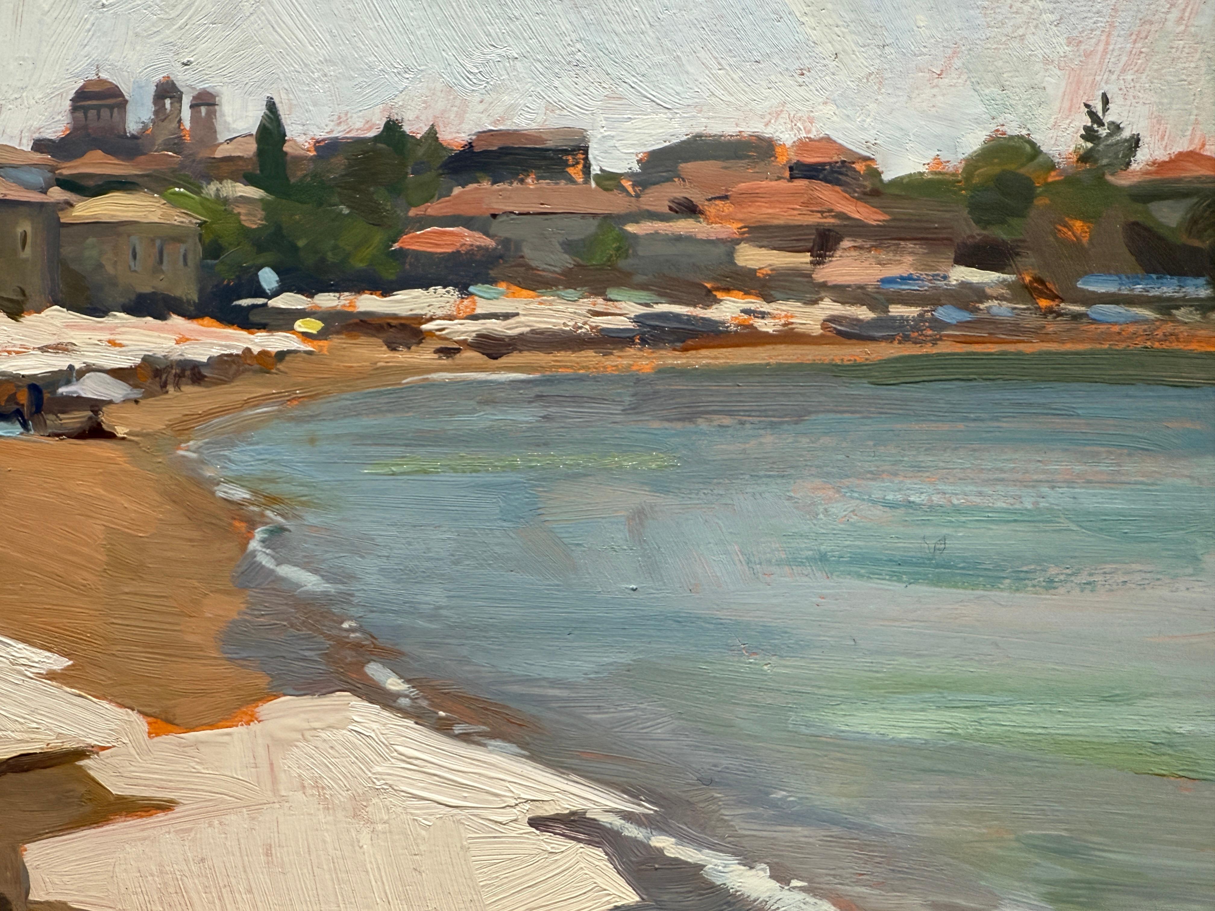 « La plage de Stoupa », peinture à l'huile, parapluies blanches en Grèce, mer méditerranéenne en vente 6