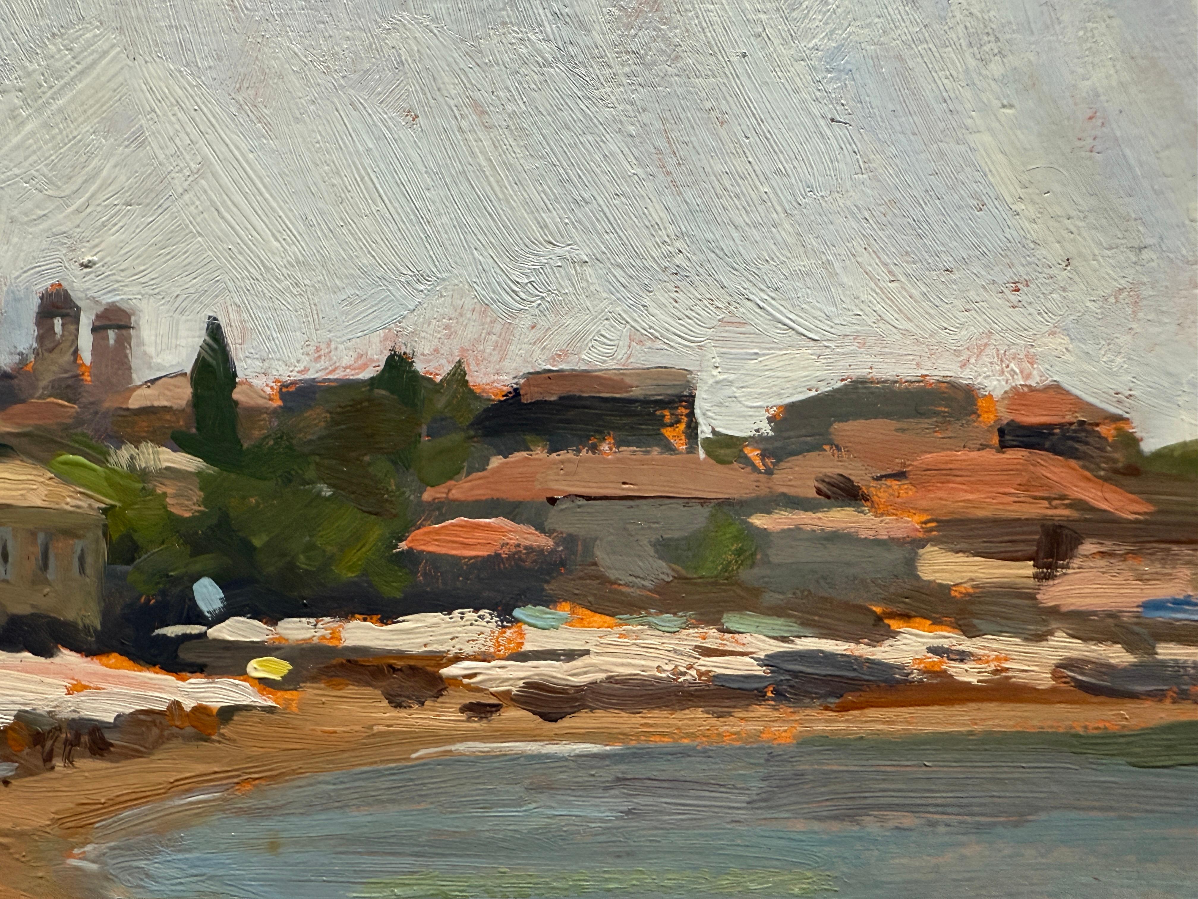 « La plage de Stoupa », peinture à l'huile, parapluies blanches en Grèce, mer méditerranéenne en vente 7