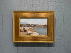 "The Beach at Stoupa" oil painting, White umbrellas in Greece, Mediterranean Sea