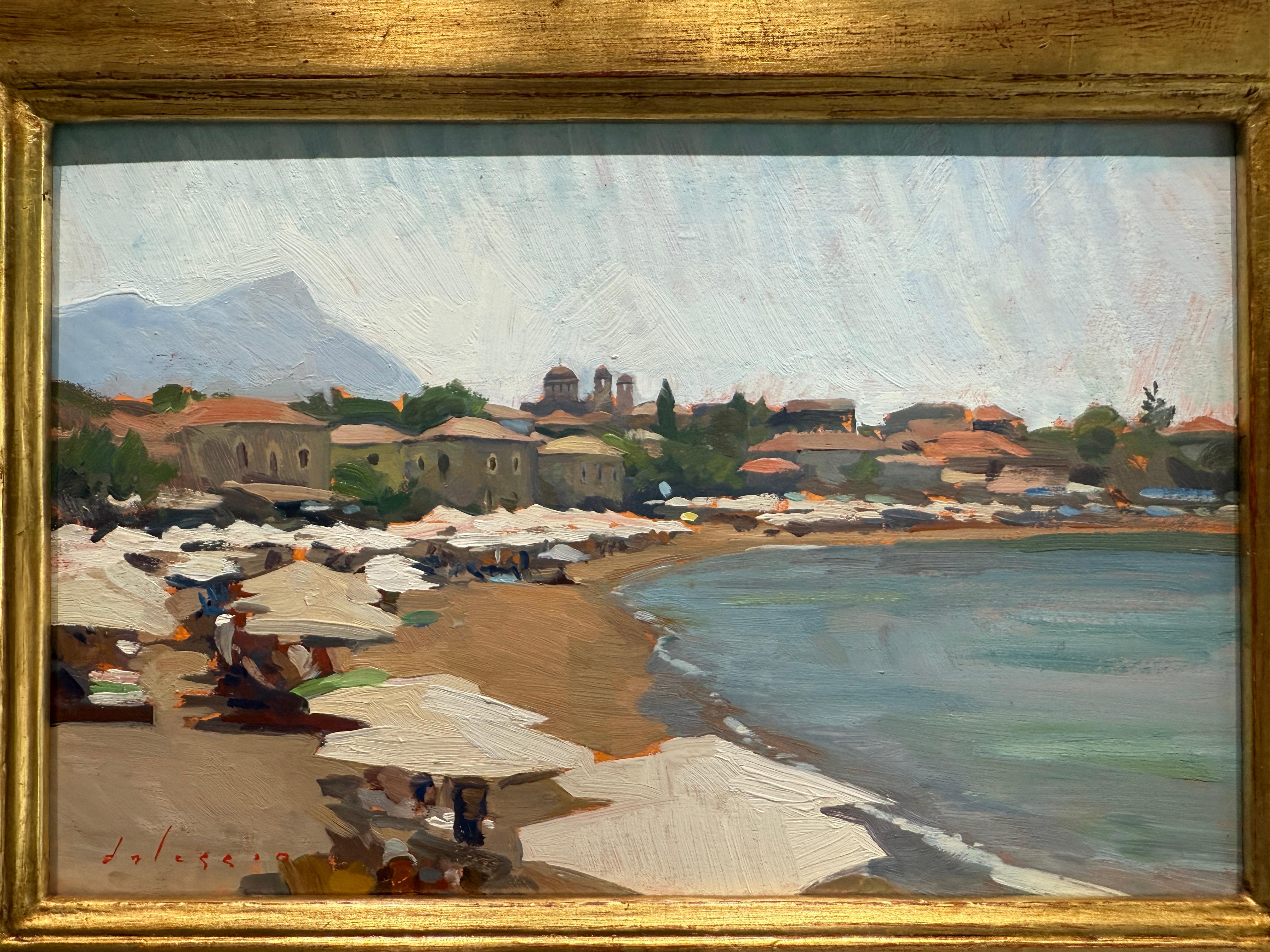 « La plage de Stoupa », peinture à l'huile, parapluies blanches en Grèce, mer méditerranéenne - Gris Landscape Painting par Marc Dalessio