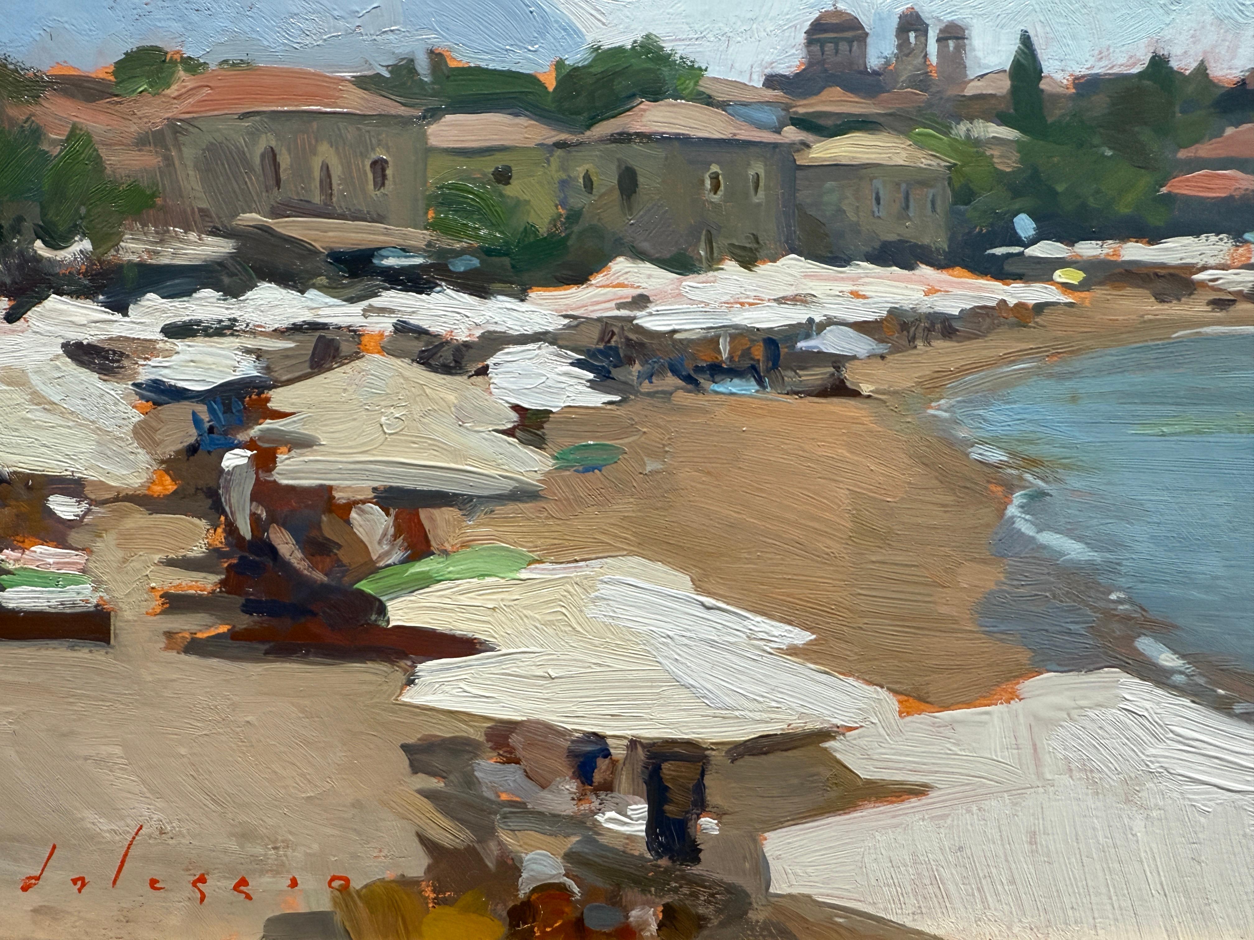 « La plage de Stoupa », peinture à l'huile, parapluies blanches en Grèce, mer méditerranéenne en vente 1