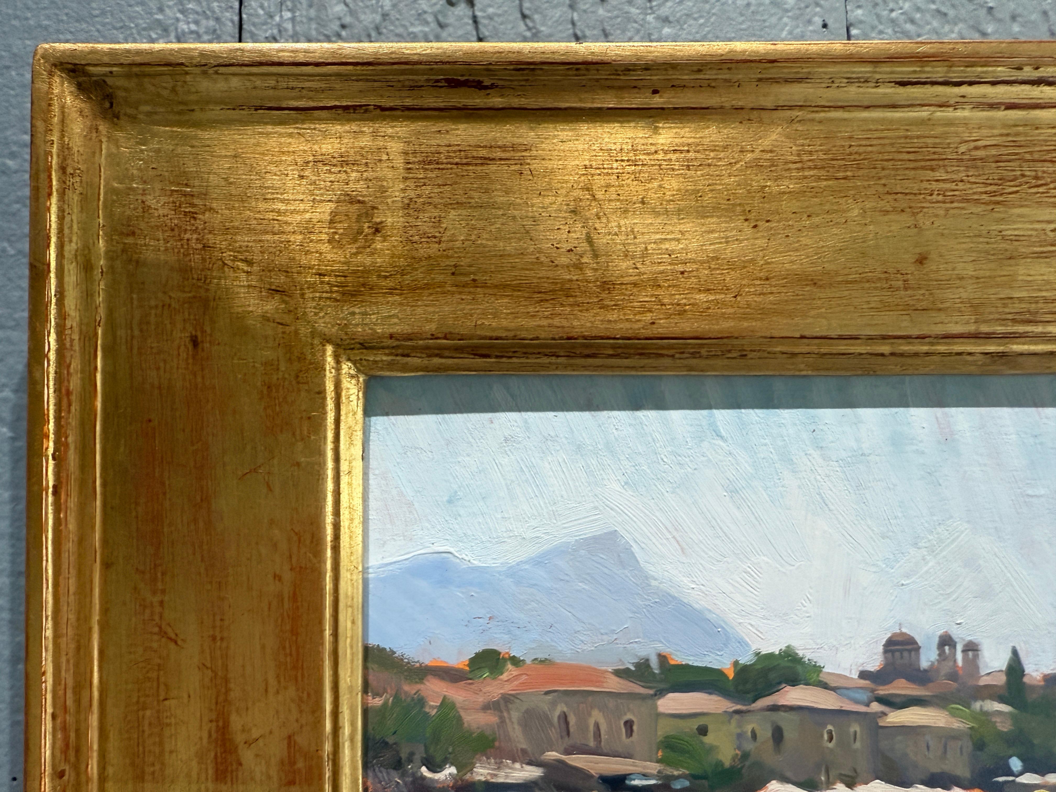 « La plage de Stoupa », peinture à l'huile, parapluies blanches en Grèce, mer méditerranéenne en vente 2