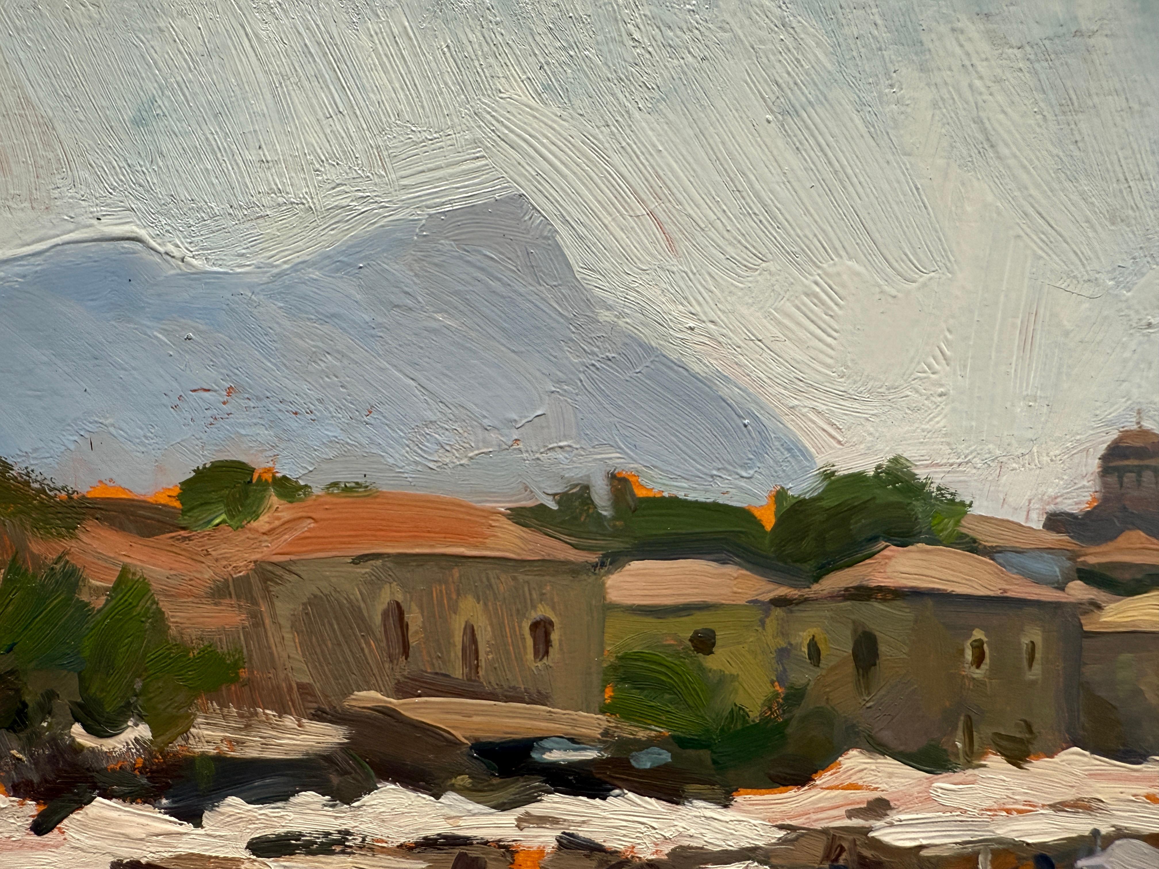 « La plage de Stoupa », peinture à l'huile, parapluies blanches en Grèce, mer méditerranéenne en vente 3