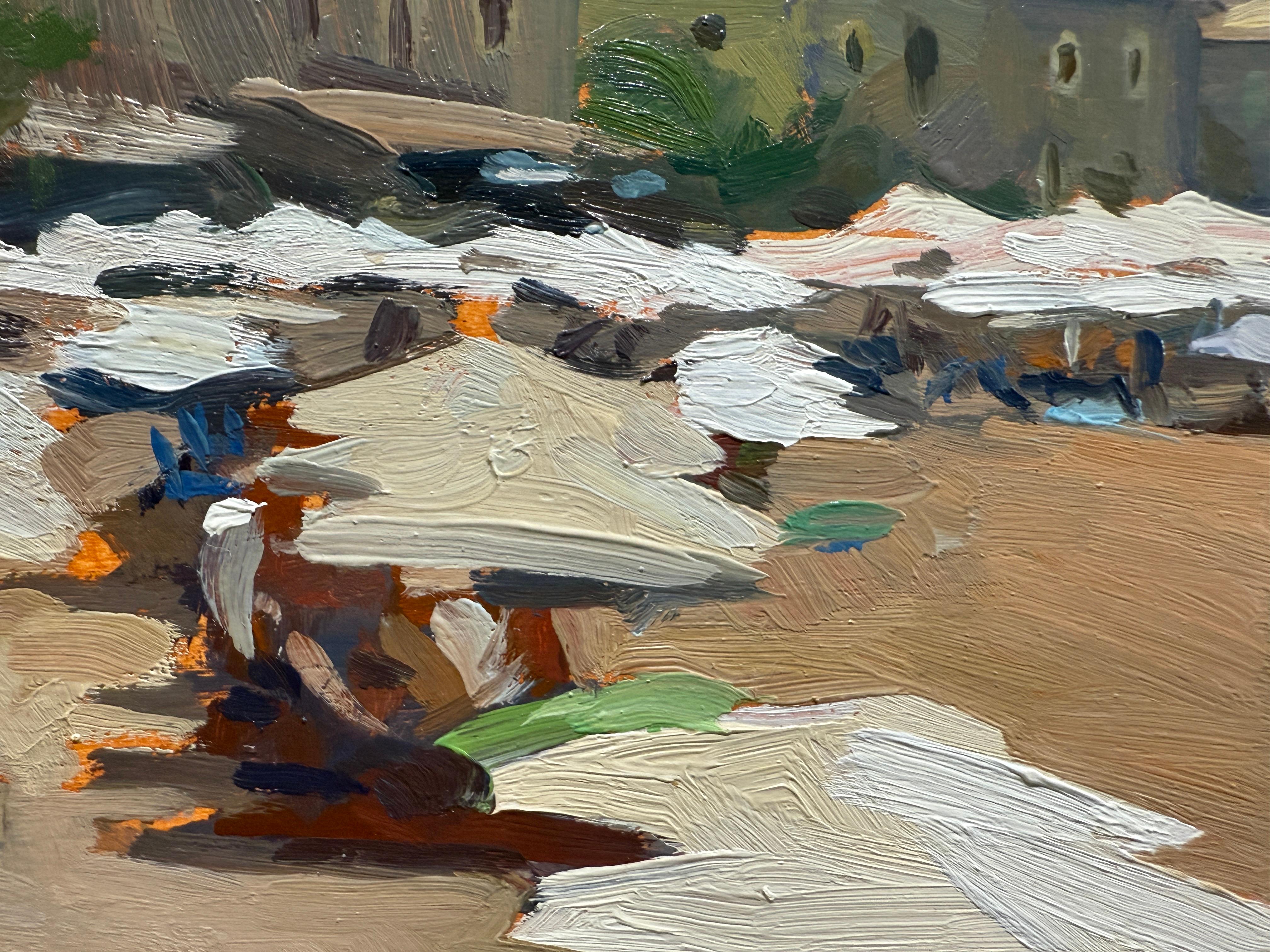 « La plage de Stoupa », peinture à l'huile, parapluies blanches en Grèce, mer méditerranéenne en vente 4