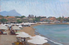 "The Beach at Stoupa" oil painting, White umbrellas in Greece, Mediterranean Sea