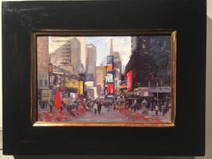"Times Square" Oil painting, colorful New York City lights, plein air, framed