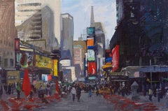 "Times Square" Oil painting, colorful New York City lights, plein air, framed