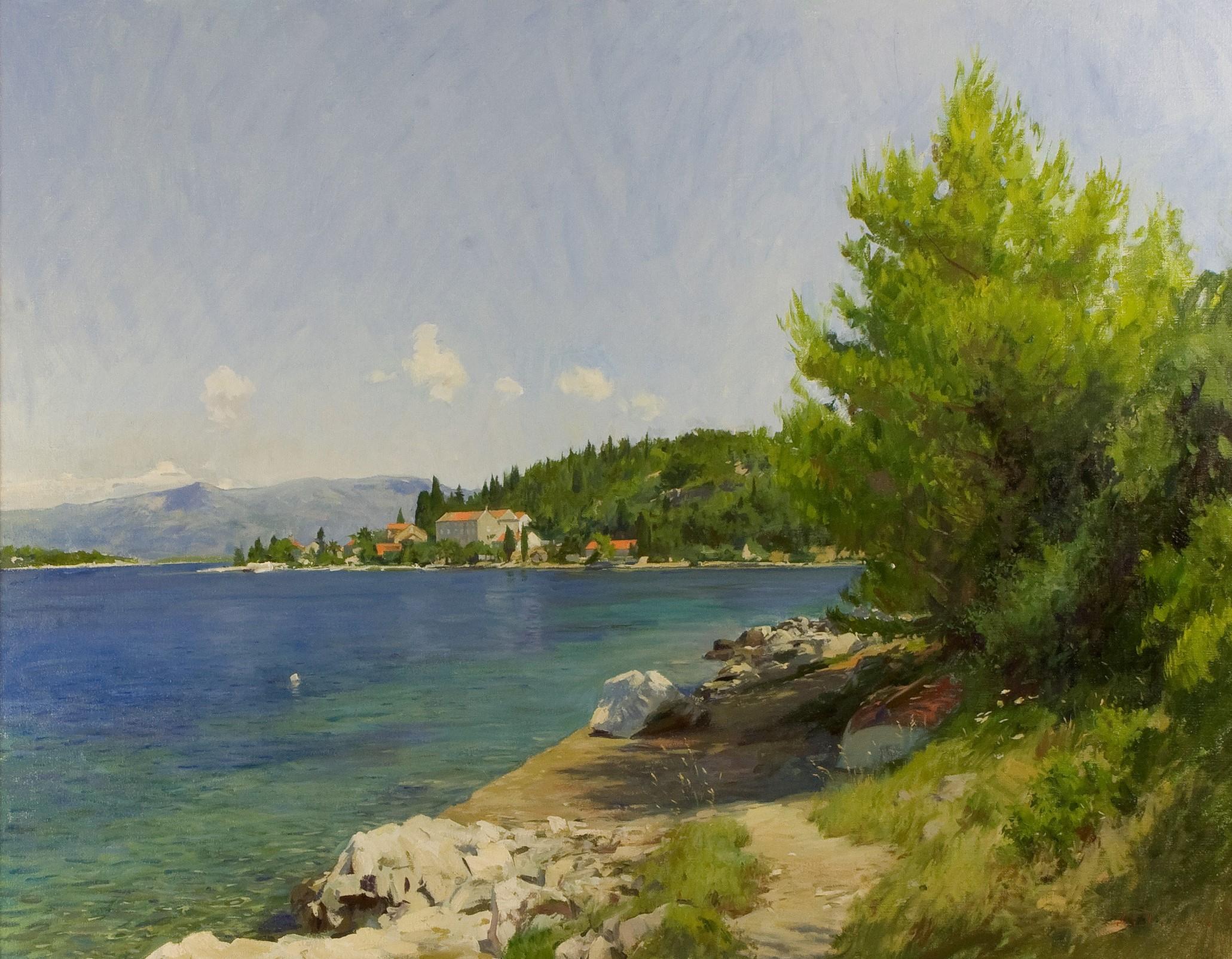 View of the sea of the island of Vrnik in Croatia - Painting by Marc Dalessio