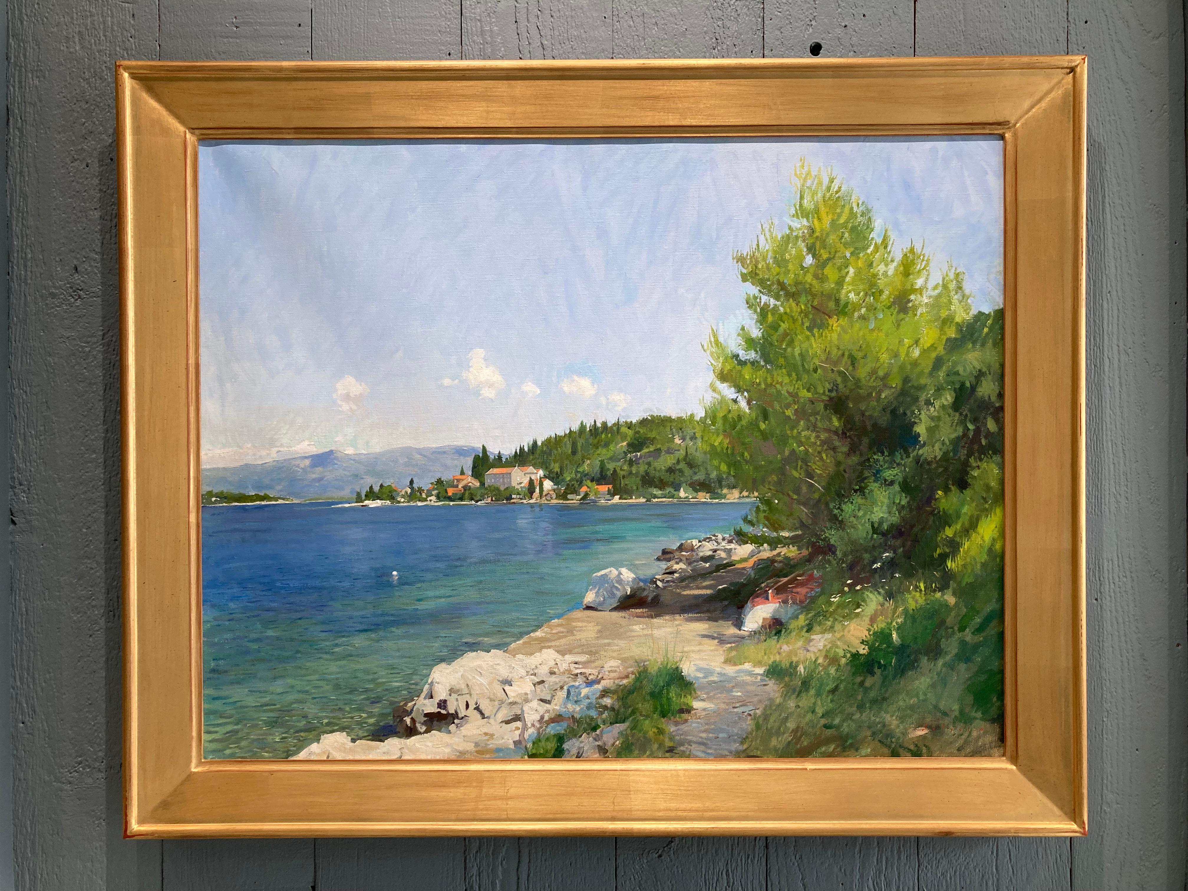 „Vrnik, Kroatien“, leuchtendes, farbenfrohes Pleinair-Ölgemälde des Insel Meeres in Kroatien – Painting von Marc Dalessio
