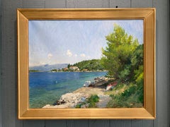 "Vrnik, Croatia" peinture à l'huile de plein air de couleurs vives d'une île de la mer en Croatie