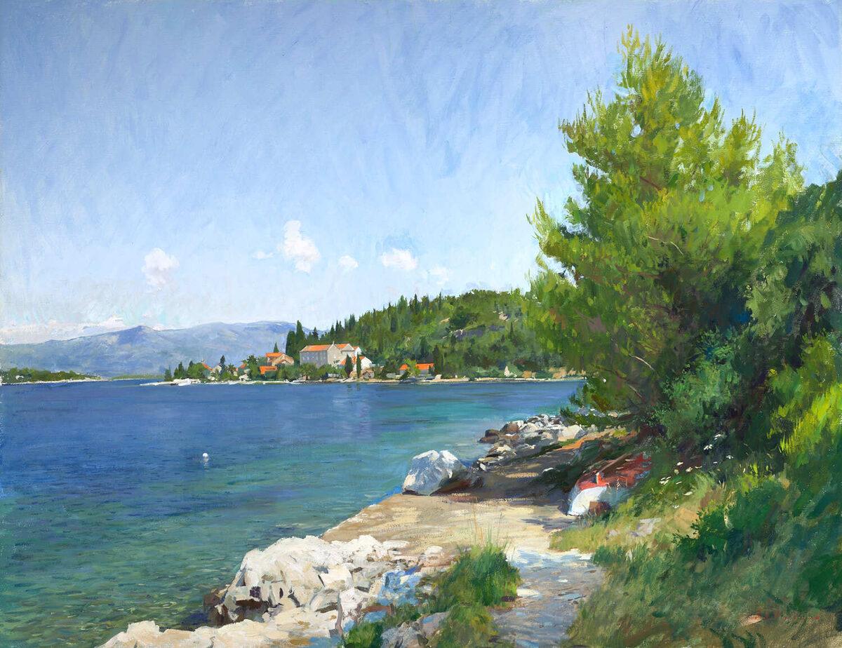 Still-Life Painting Marc Dalessio - "Vrnik, Croatia" peinture à l'huile de plein air de couleurs vives d'une île de la mer en Croatie
