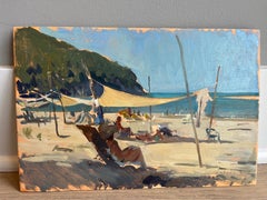 "Watercoloring" figurative painting of a watercolorist at work on the beach