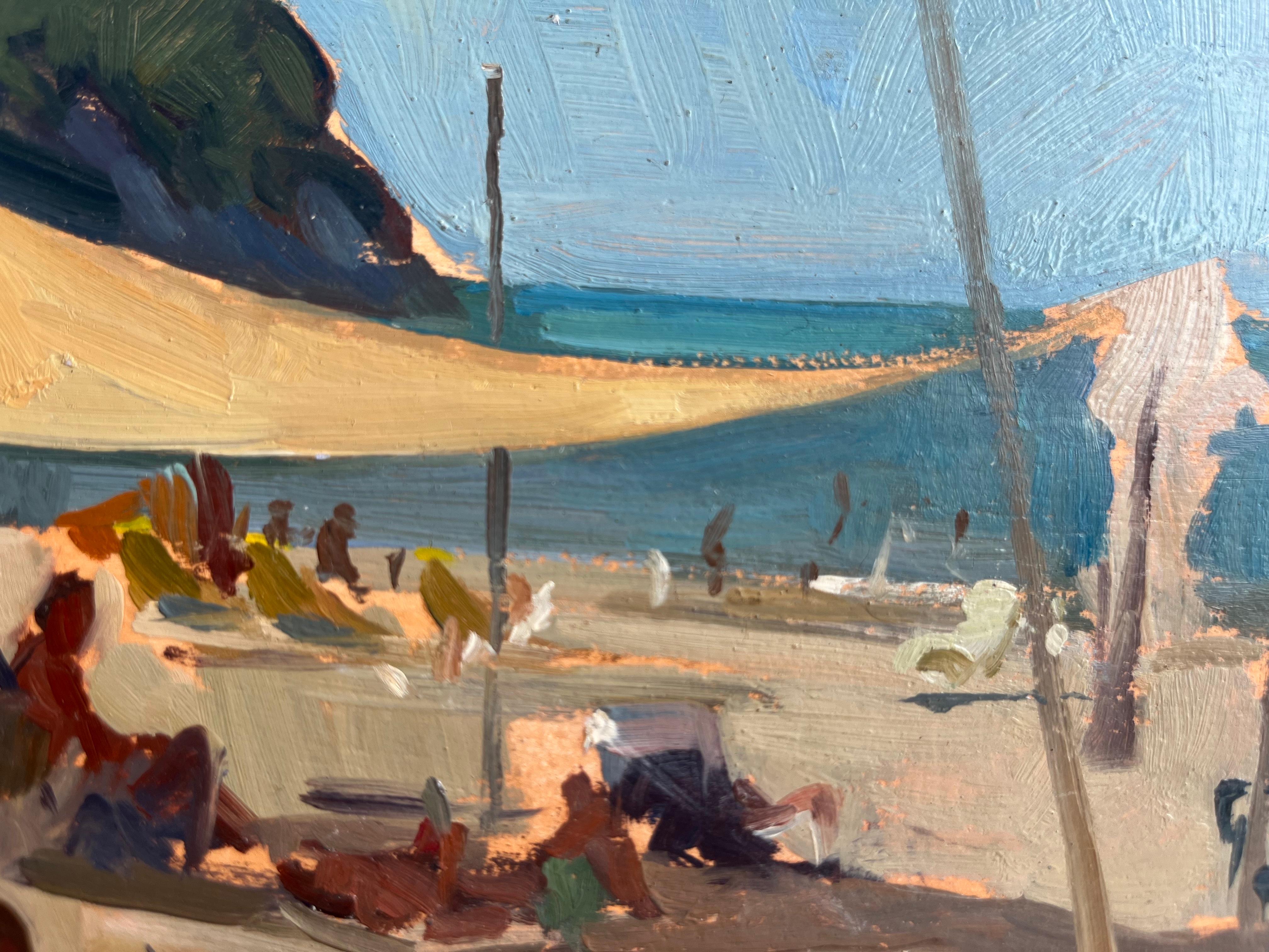 Quadro di un pittore che dipinge con l'acquerello su una spiaggia in Italia. La figura, femminile, riposa all'ombra su una sedia, sotto un cappello da sole, e guarda davanti a sé il paesaggio che cerca di catturare con il pennello e il quaderno di