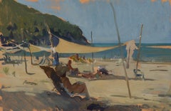 "Watercoloring" figurative painting of a watercolorist at work on the beach
