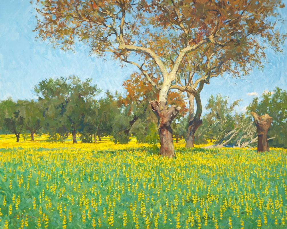 Marc Dalessio Still-Life Painting – Gelb gelber Lupin in einem Korkwald