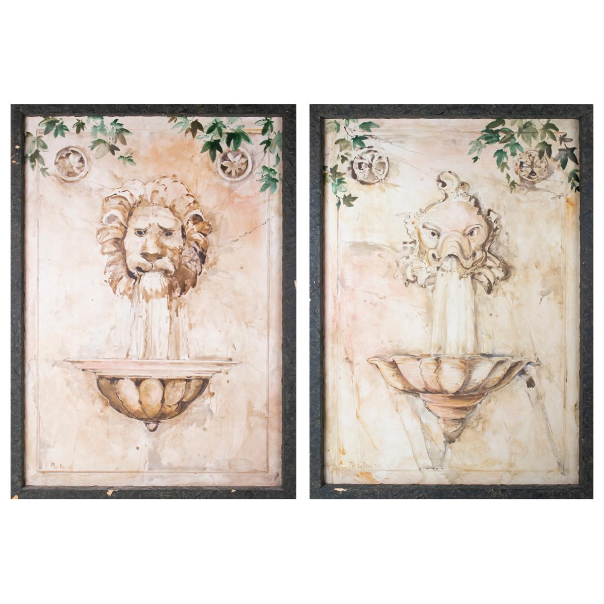 Marc Deis 2003 Pair of Wall Fountains Watercolour Paintings