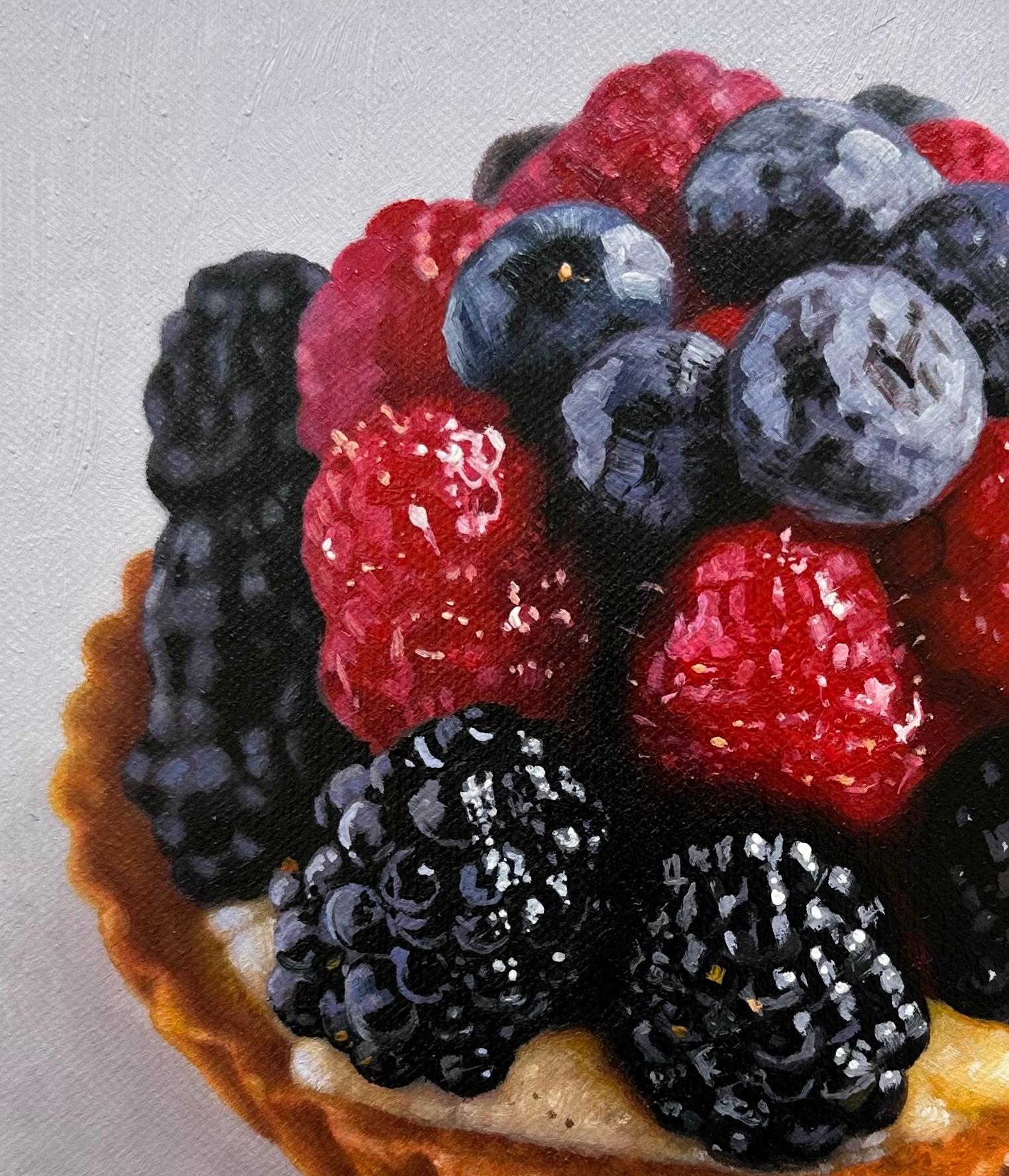 Blackberry, Raspberry, and Blueberry Tart with Hair - Photorealist Painting by Marc Dennis