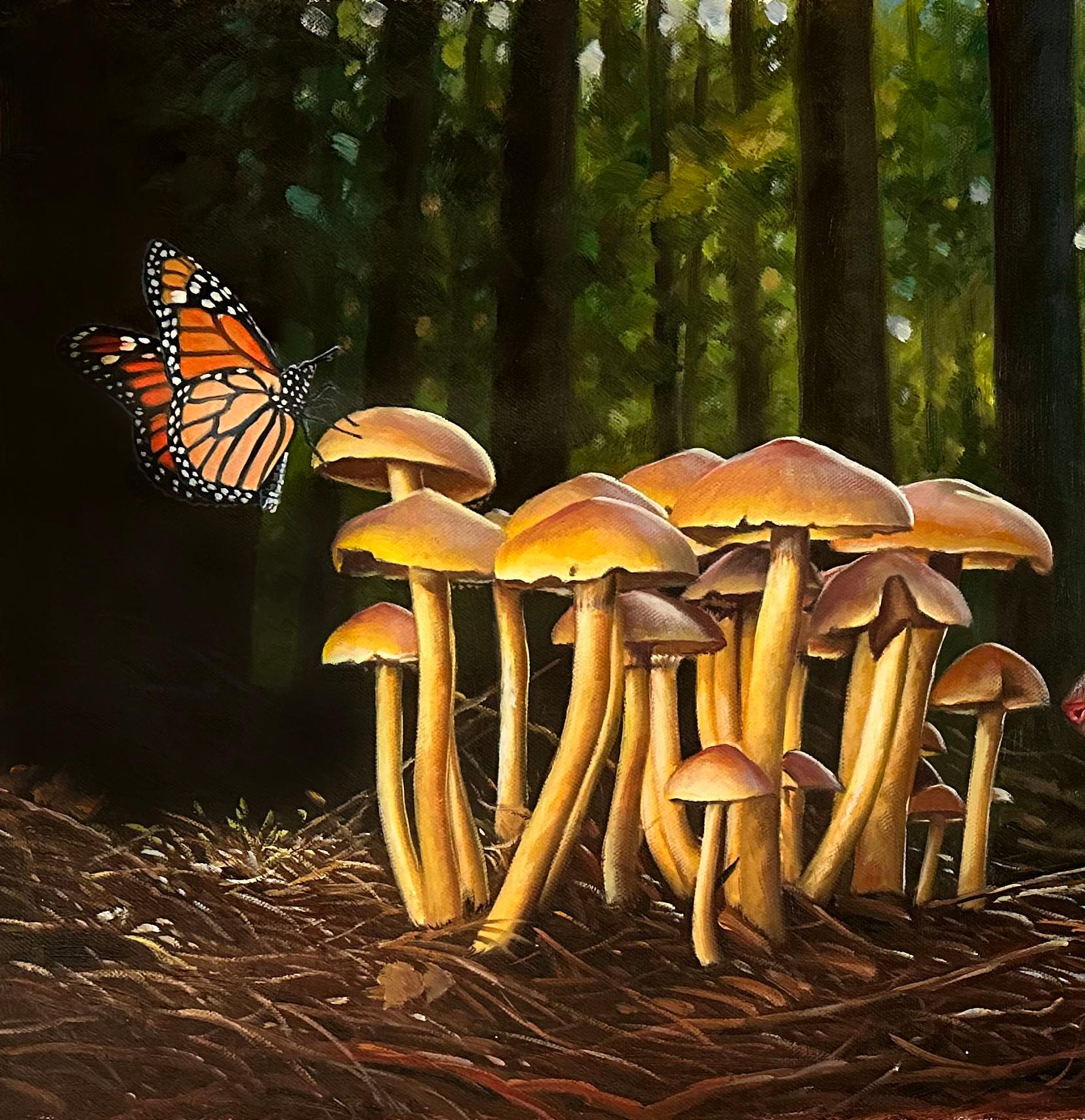 Sparrow and Jumping Mouse Find the Magic Mushrooms - Painting by Marc Dennis