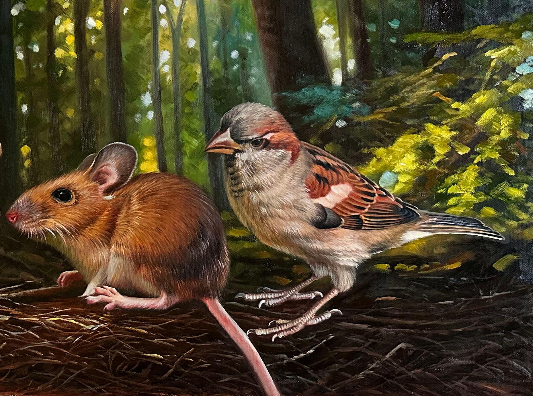 Sparrow and Jumping Mouse Find the Magic Mushrooms - Photorealist Painting by Marc Dennis