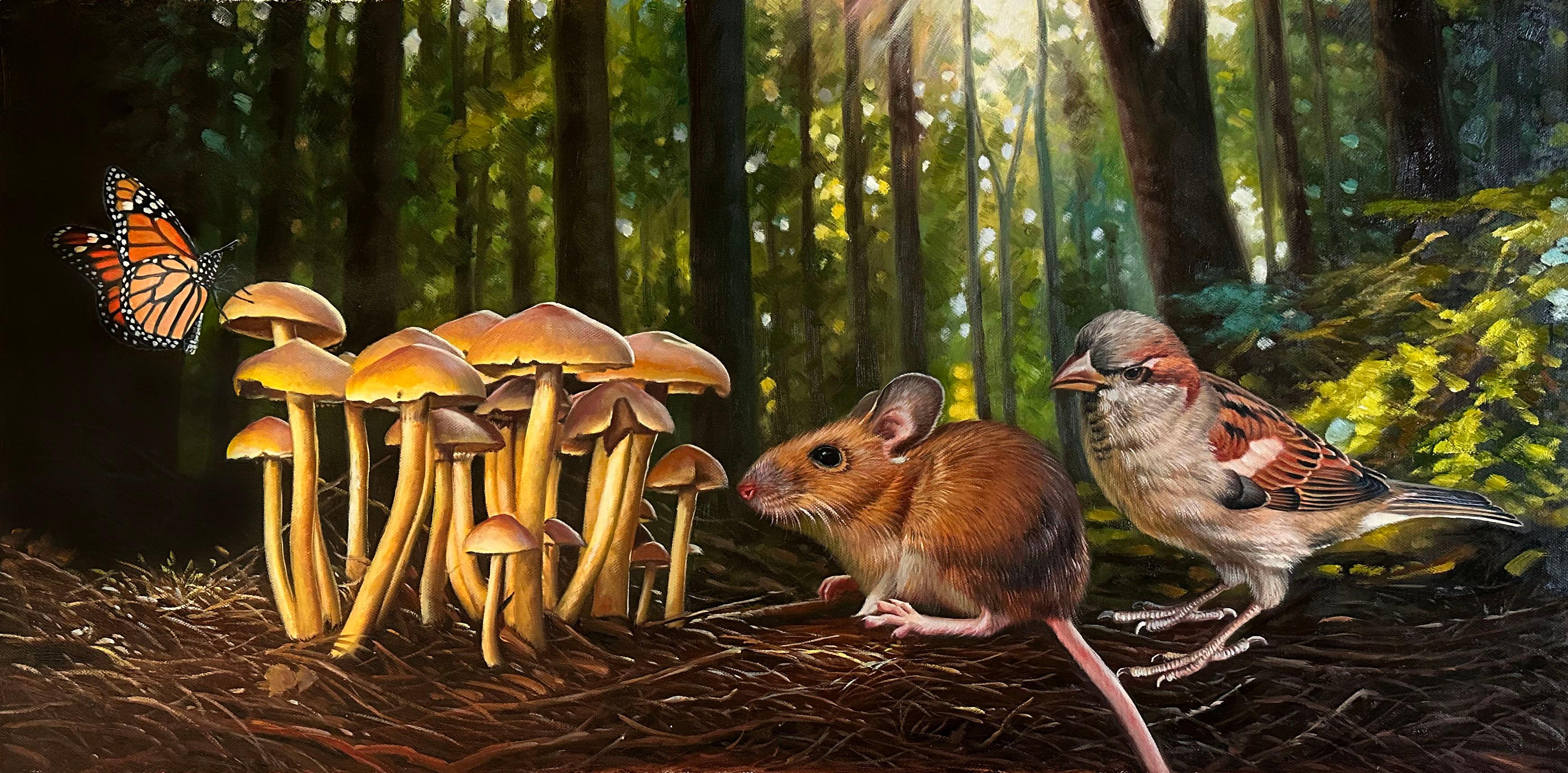 Marc Dennis Animal Painting - Sparrow and Jumping Mouse Find the Magic Mushrooms