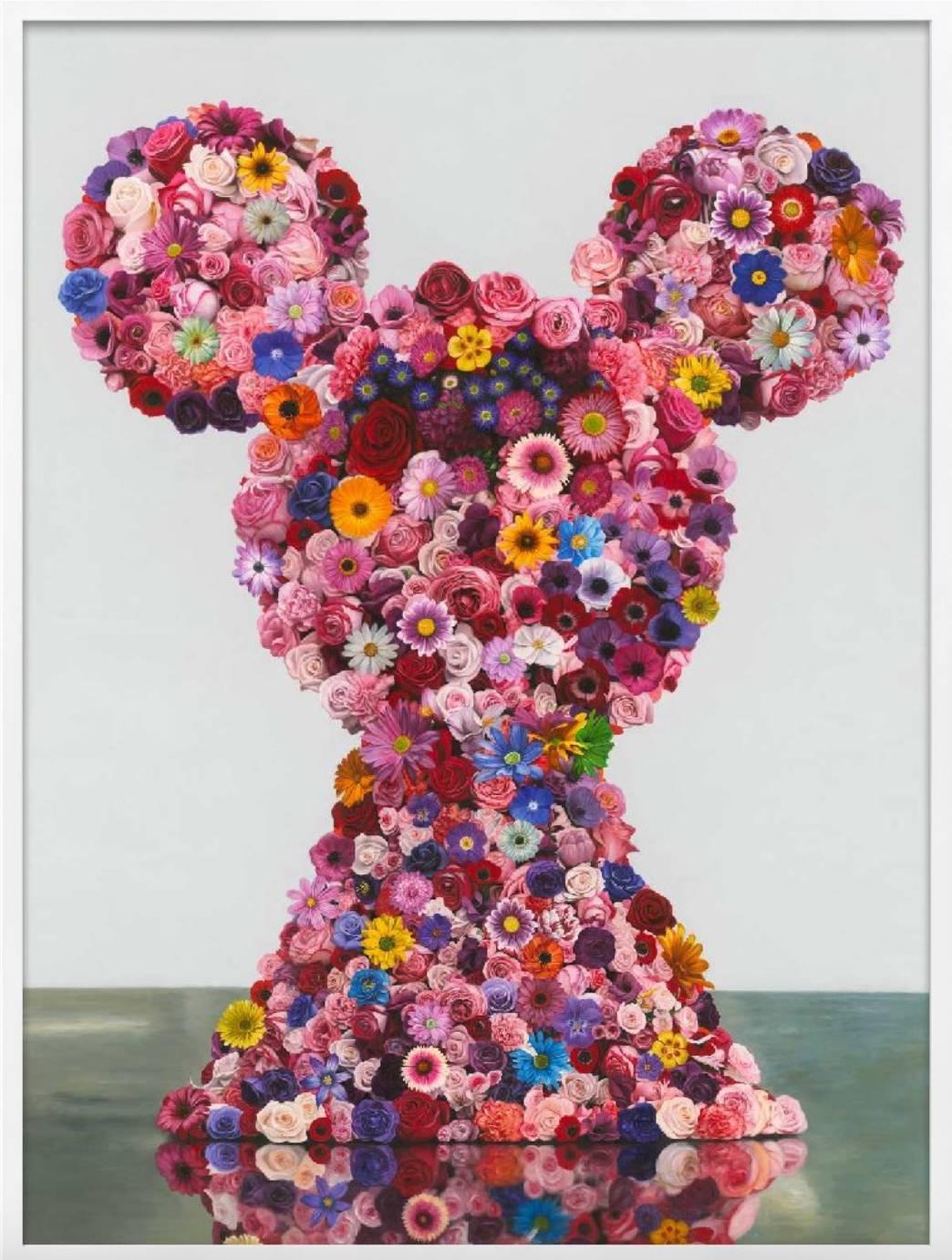 This vibrant piece depicts a hypothetical, larger-than-life sculpture made of flowers in the shape of Mickey Mouse. Like this famous silhouette, Marc's work satirizes pop-culture and art history, playfully nodding at the spectacle of contemporary