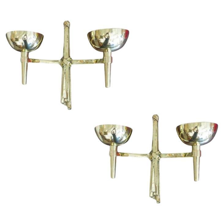 Marc Du Plantier, Important Wall Sconces, Newly Polished Solid Brass, Pair For Sale