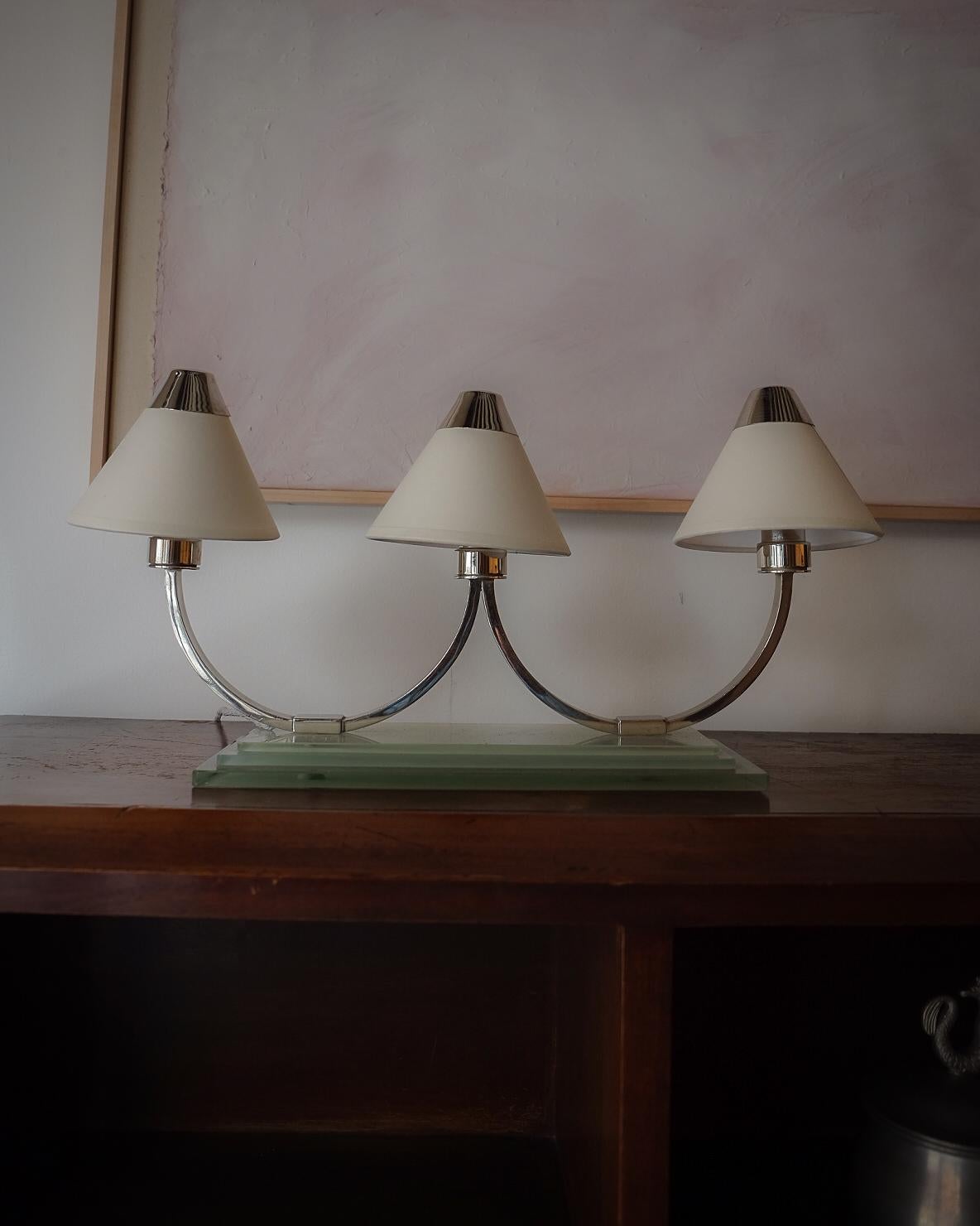 Two available
Beautiful chromed metal and glass table lamps by Marc Erol