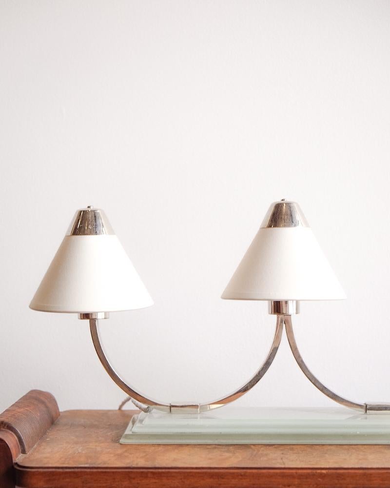Two available
Beautiful chromed metal and glass table lamps by Marc Erol