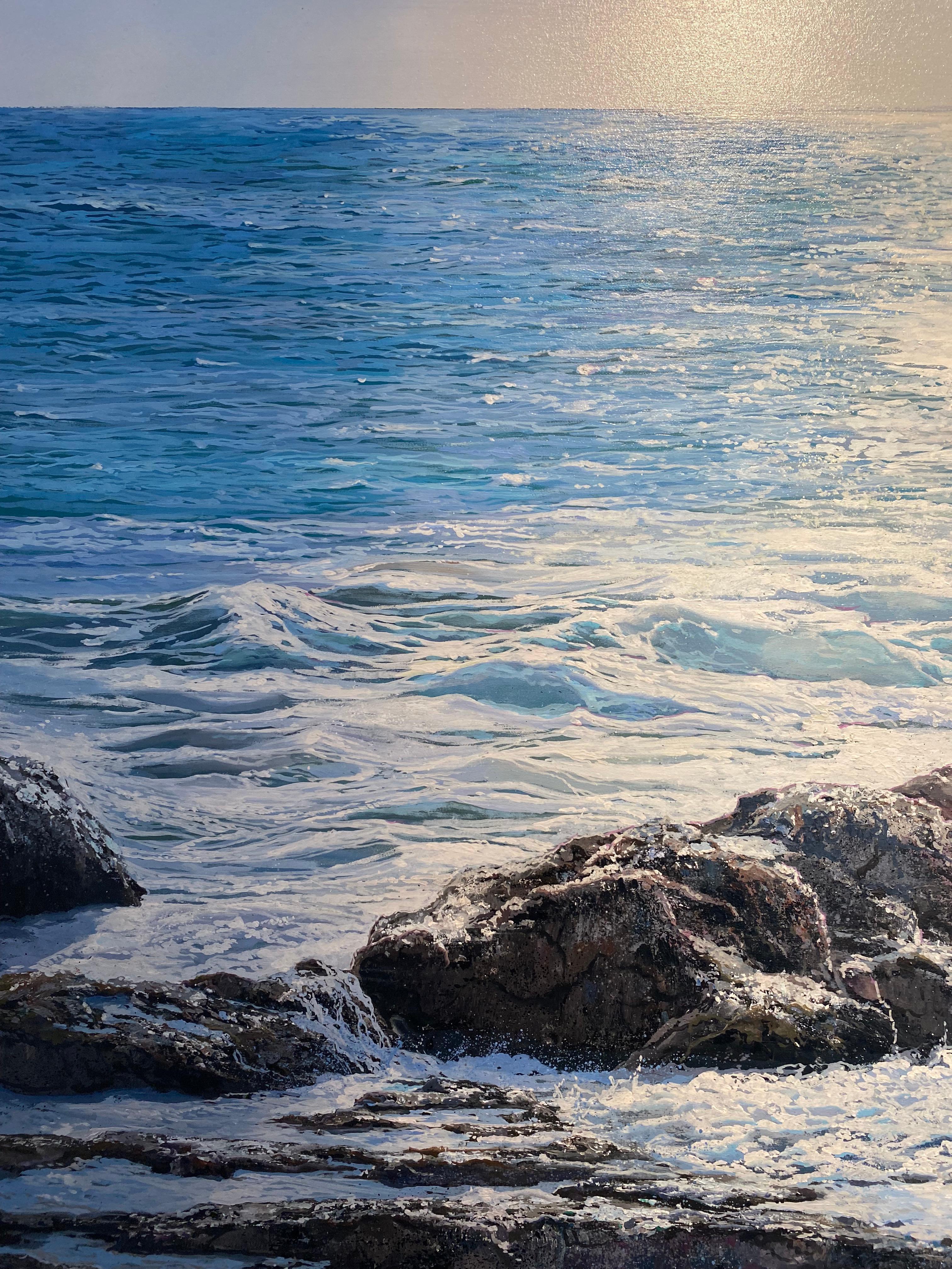 'Blue Vista' Contemporary Seascape painting of rocks, blue skies, sunlit water - Black Landscape Painting by Marc Esteve