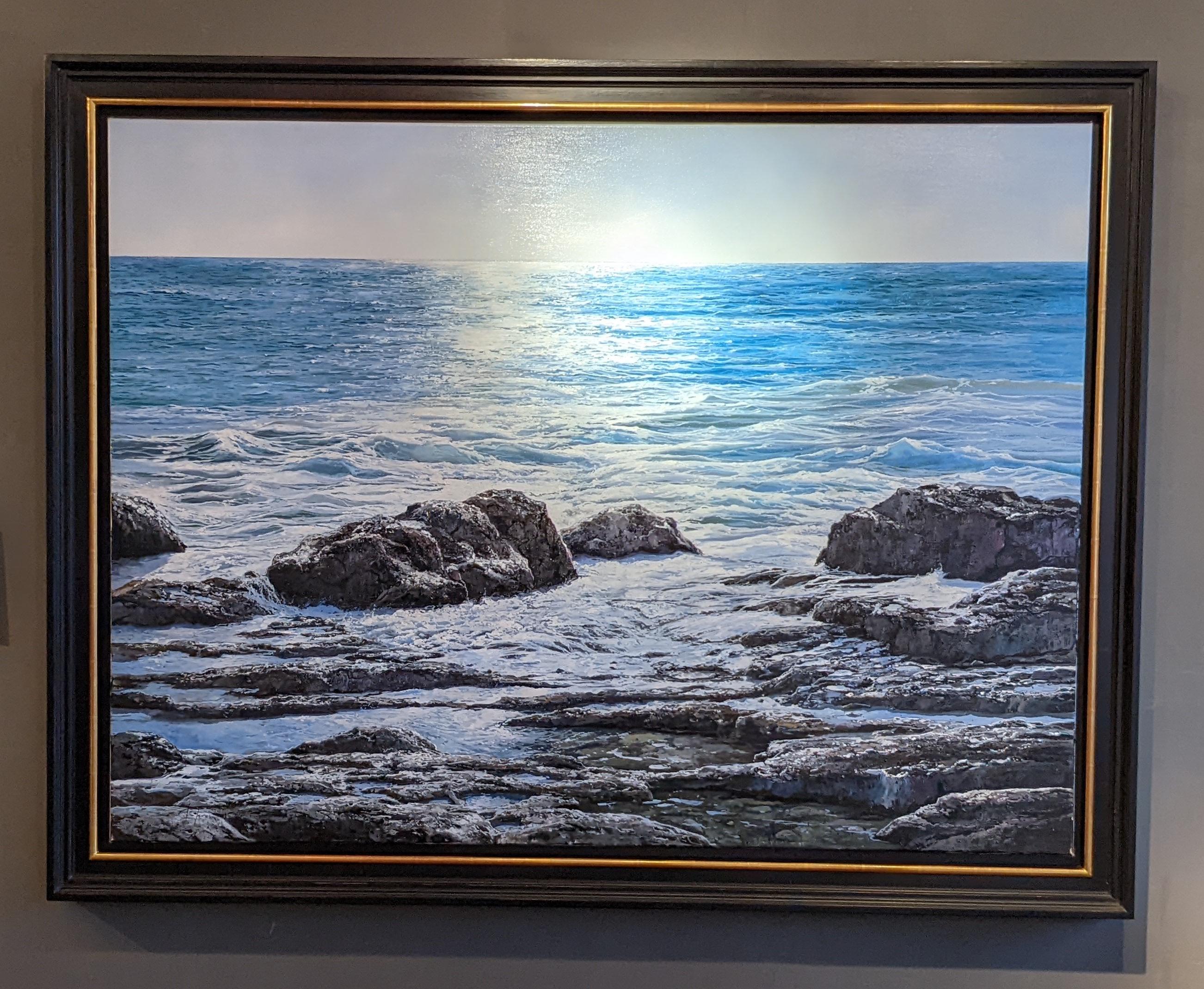 Marc Esteve Landscape Painting - 'Blue Vista' Contemporary Seascape painting of rocks, blue skies, sunlit water