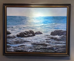 'Blue Vista' Contemporary Seascape painting of rocks, blue skies, sunlit water