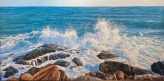 Peinture de paysage marin en cascade avec des vagues sur les rochers:: chevaux blancs et eau bleue