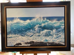 'Mighty Surf' Blue Powerful Realist Wave Seascape painting with rocks & horizon.