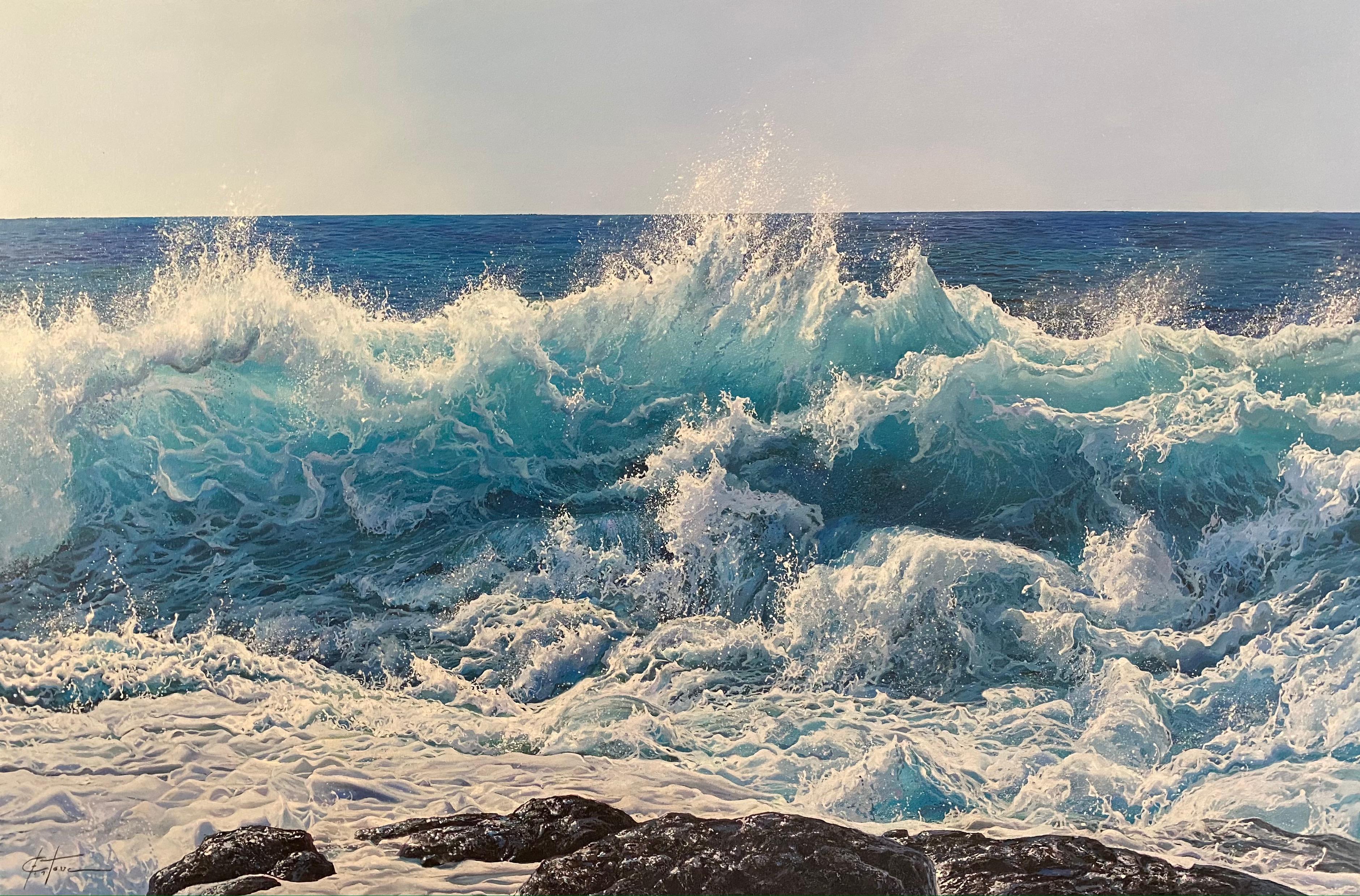 Marc Esteve Landscape Painting - 
Mighty Surf
 Blue Powerful Realist Wave Seascape painting with rocks 
horizon.